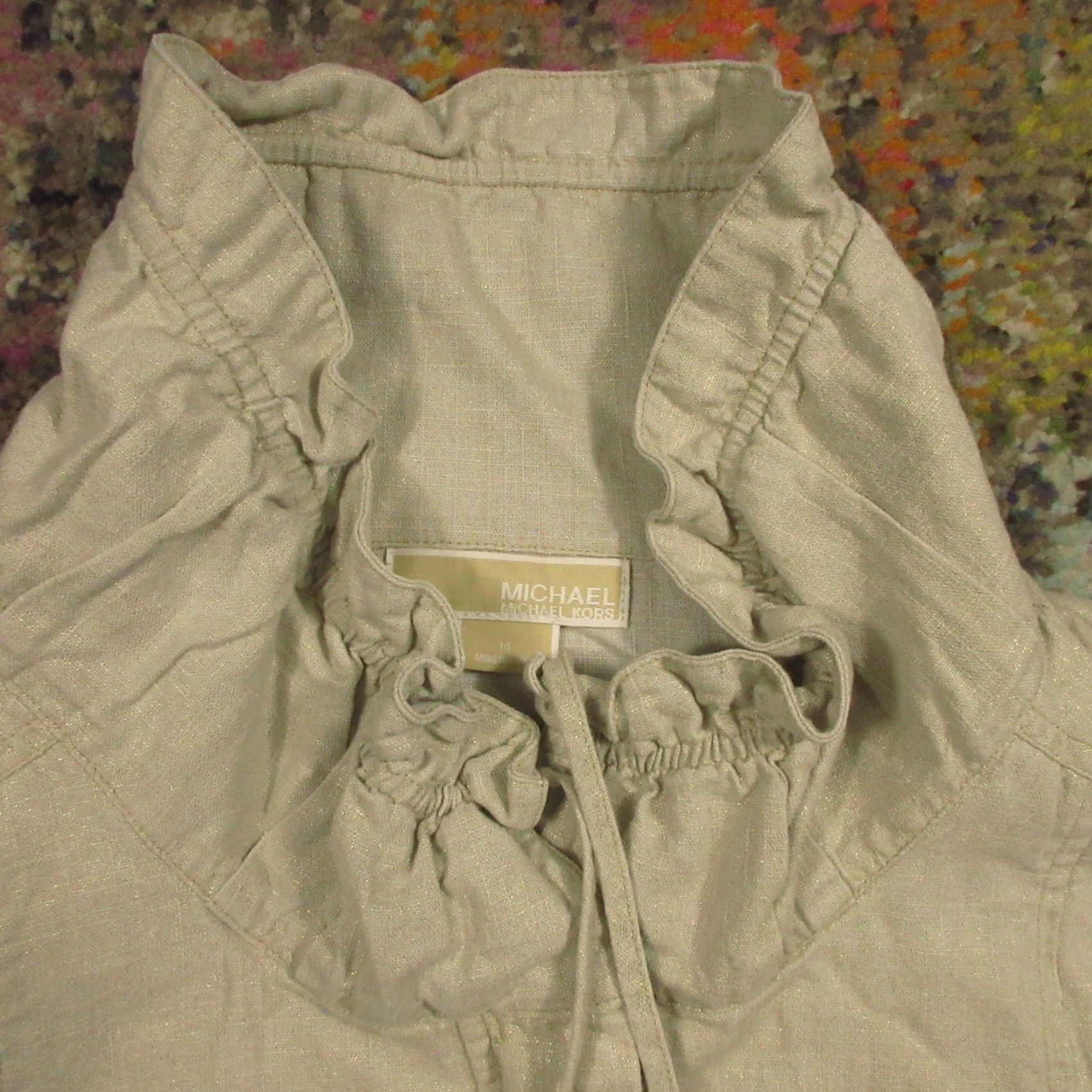 Michael Kors Michael Kors Linen Jacket Womens Medium Khaki White 3/4 Sleeve Ruffle Neck Pockets Zip Snap Utility Jacket Size M / US 6-8 / IT 42-44 - 7 Thumbnail