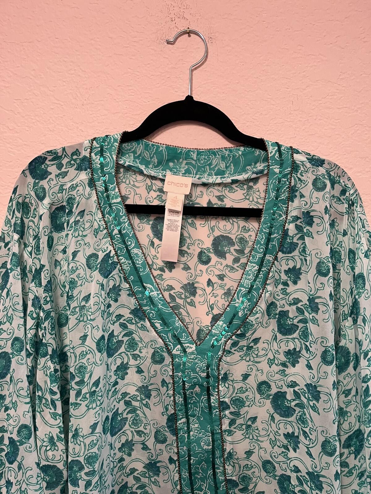 Chicos Chico's Green Floral Patterned V-Neck Blouse with Bell Slee- Size XL / US 12-14 / IT 48-50 - 7 Thumbnail