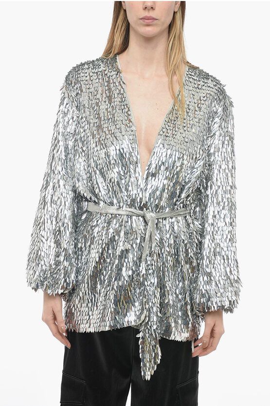 image of Retrofete Wrap Dress With Leave-Shaped Sequines All-Over in Silver, Women's (Size Medium)