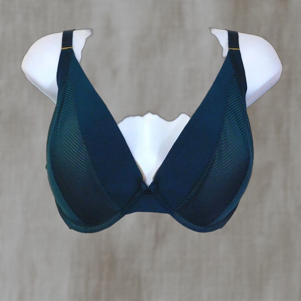 Vintage Thirdlove Plunge Bra 36F Underwire Dark Green Striped Women's New
