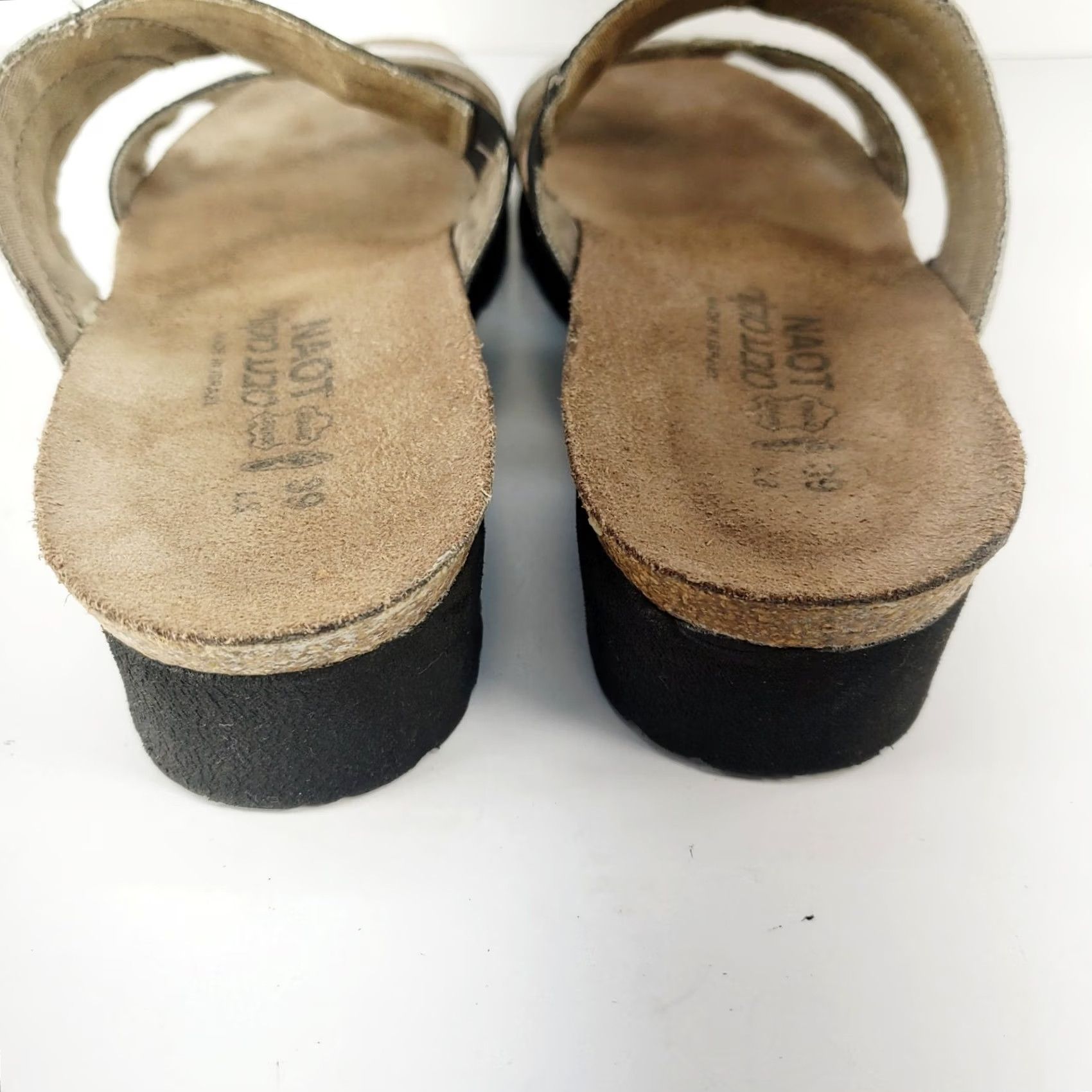 Vintage Naot Women's Sandal Black Silver Metallic Beige Leather Slide Wedge Rhinestone Open Toe 8 Slip-On Leather Insole Outsole Rubber Women Size US 8 / IT 38 - 6 Thumbnail