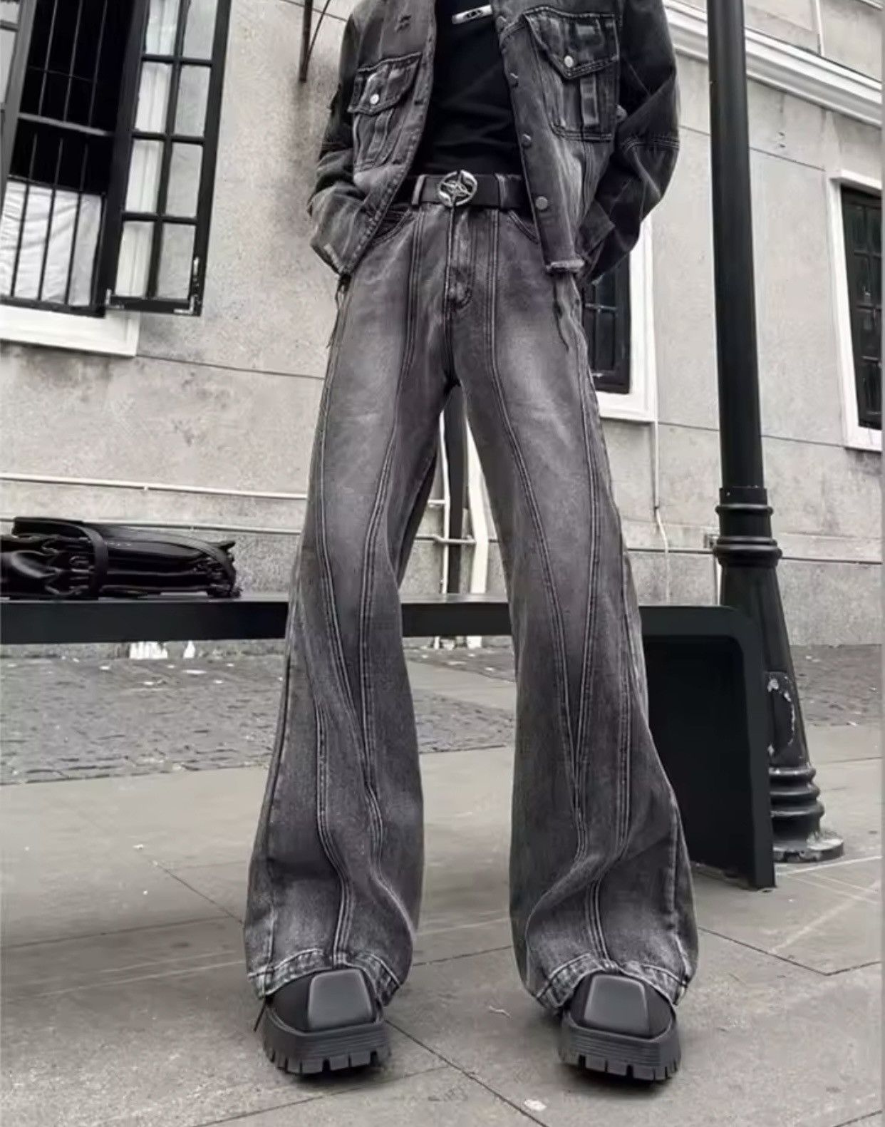 Denime × Vintage Y2K Streetwear Washed Grey Baggy Stacked Flare Jeans Size US 28 / EU 44 - 3 Thumbnail