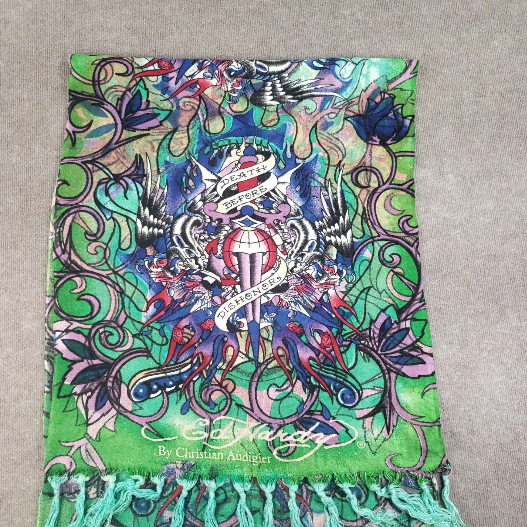 Ed Hardy VINTAGE Ed Hardy by Christian Audigier Scarf Women Rectangle 25x66 Green Geometric Y2K Size ONE SIZE - 2 Thumbnail