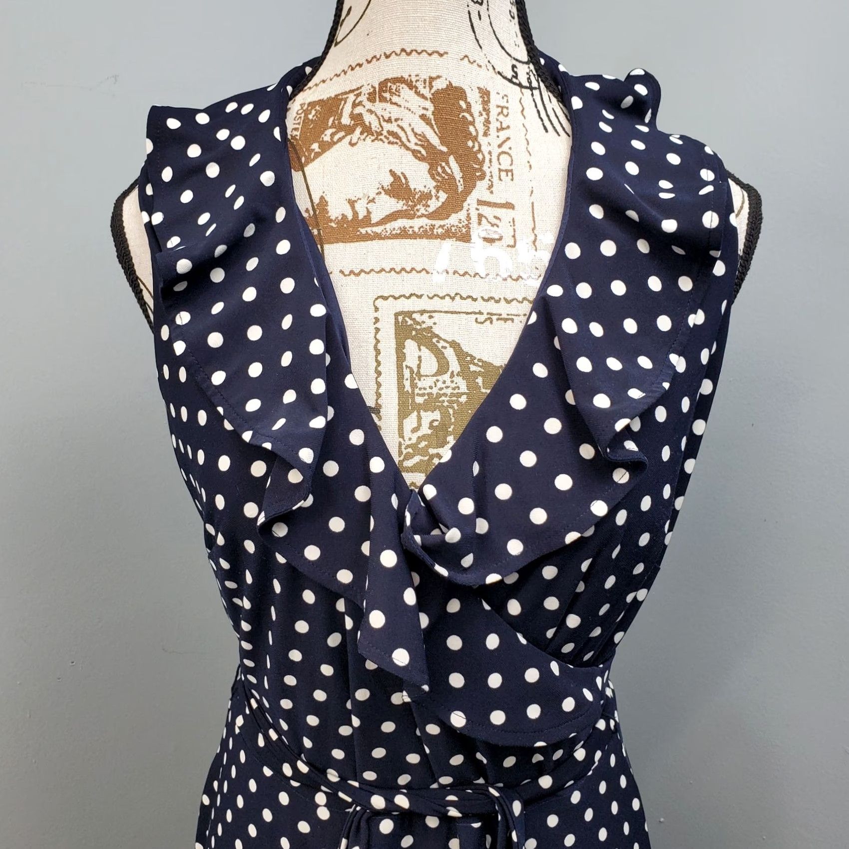 Chaps Chaps Womens Wrap Dress M Blue White Polka Dot Belted Ruffled V-Neck Sleeveless Size M / US 6-8 / IT 42-44 - 5 Thumbnail