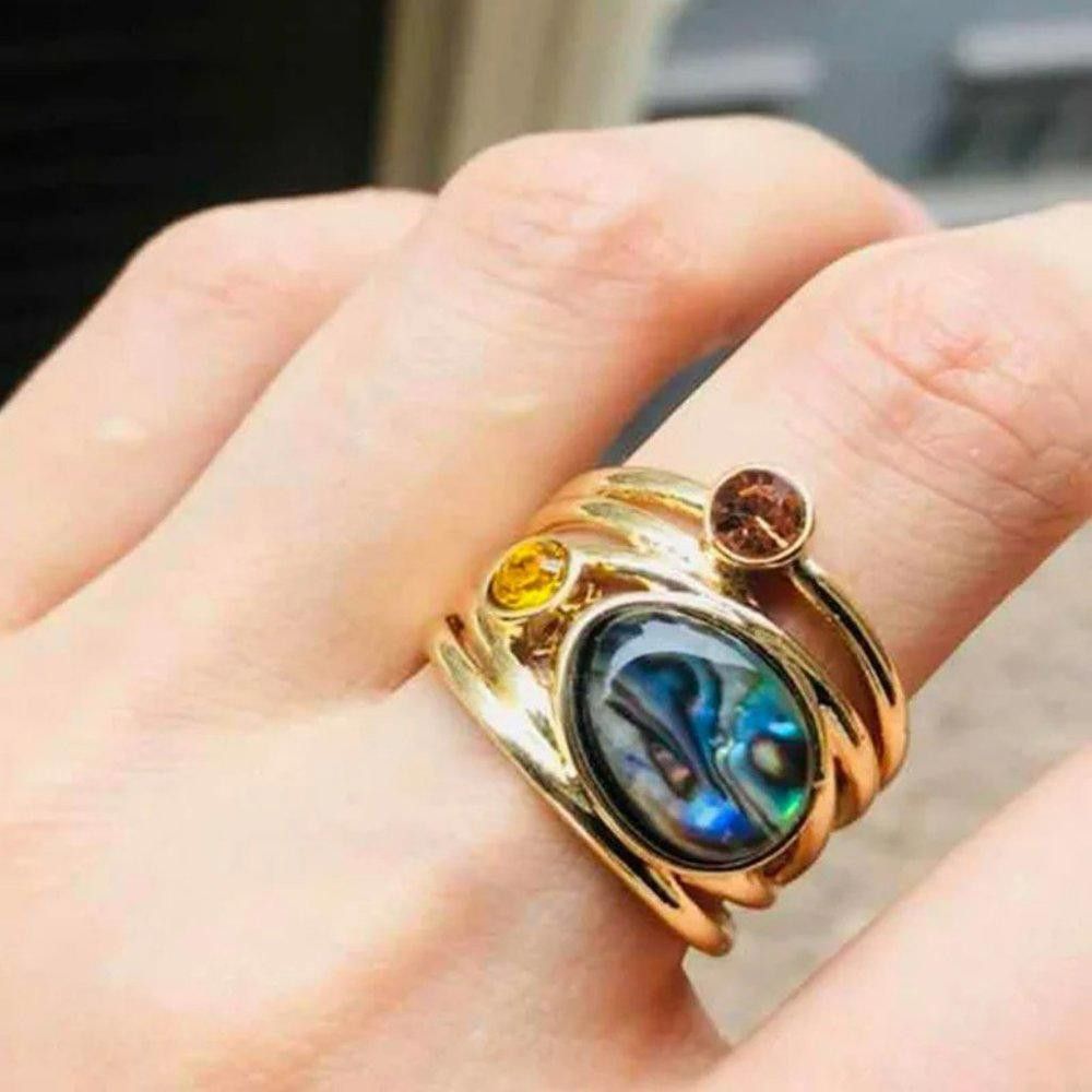 Designer Retro Moonstone Mosaic Gold Bohemian Ring - Size 6 Size ONE SIZE - 4 Thumbnail