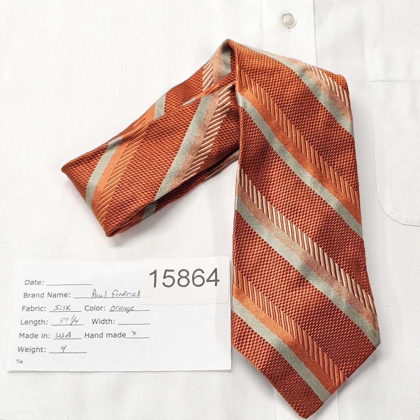 Vintage Paul Fredrick Necktie Tie Mens Heavy 100% Silk Orange Gold Striped Textured USA Classic 59.25" X 3.5" Mens Size ONE SIZE - 5 Thumbnail