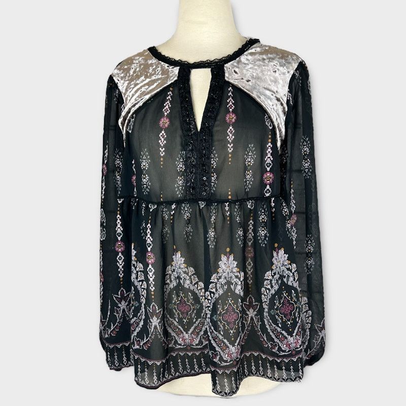 Macys Knox Rose | Boho Velvet Floral Embroidered Peasant Top | M Size M / US 6-8 / IT 42-44 - 3 Thumbnail