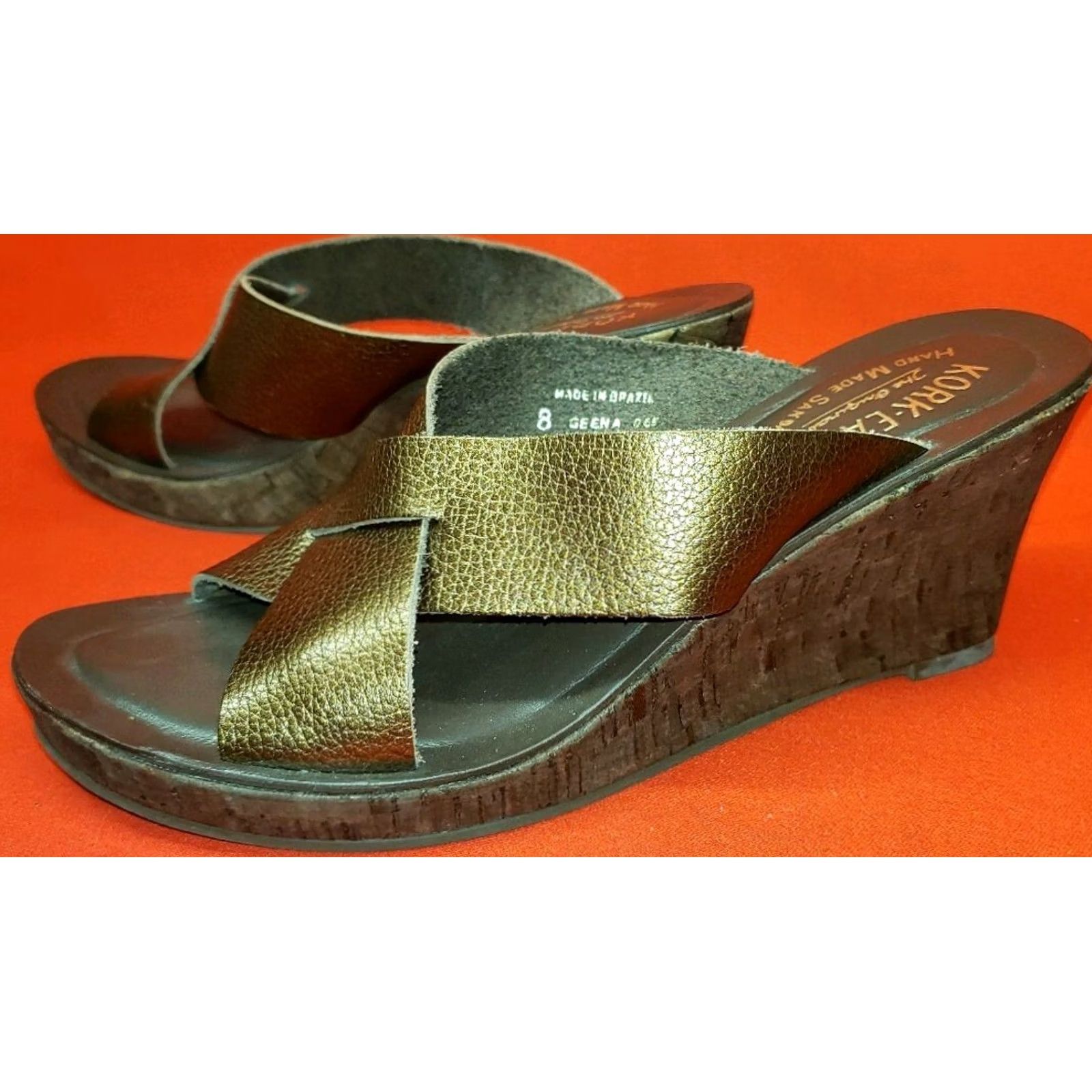 Vintage KORK-EASE Geena Women's Wedge Slide Sandals Slips-on Leather Bronze 8M High 3" Cork Size US 8 / IT 38 - 4 Thumbnail