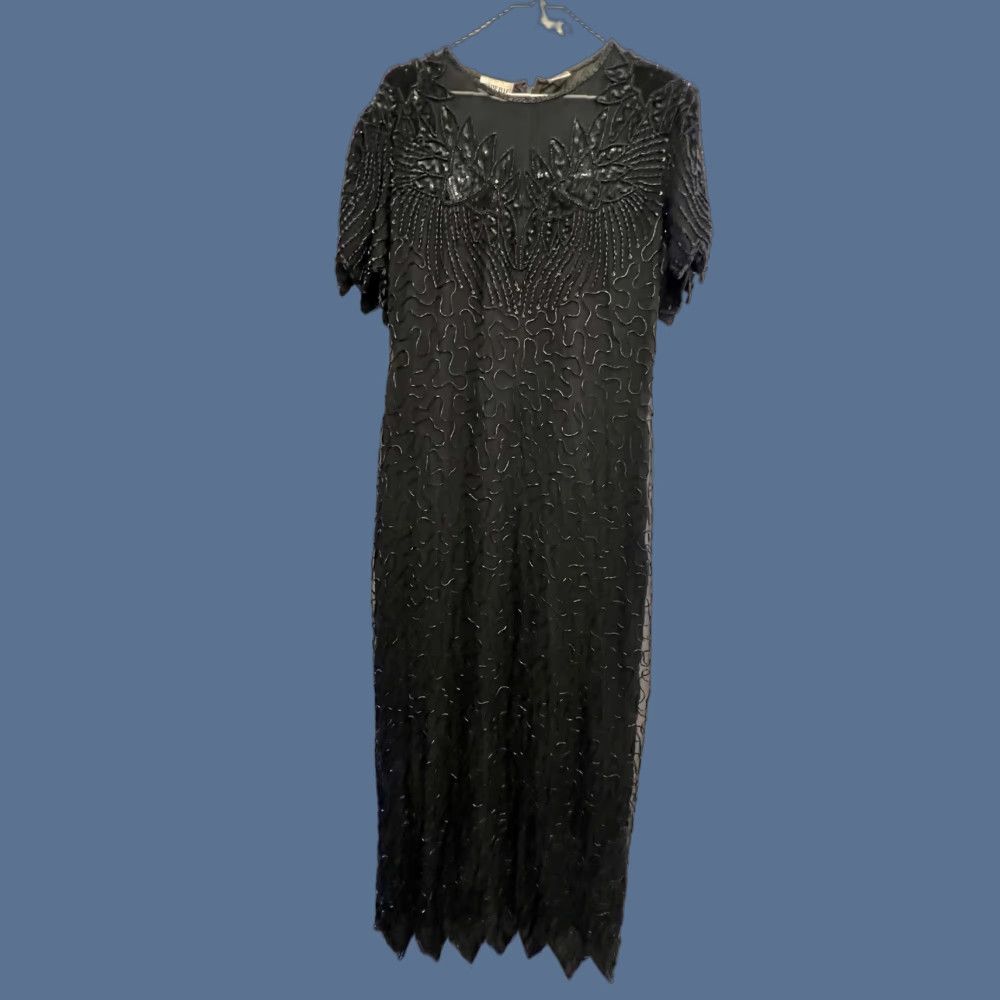 Vintage VINTAGE Denise Elle Dress Womens Large Silk Beaded Midi Scalloped 90s Elegant Black Silk Beaded Dress Size L / US 10 / IT 46 - 1 Thumbnail