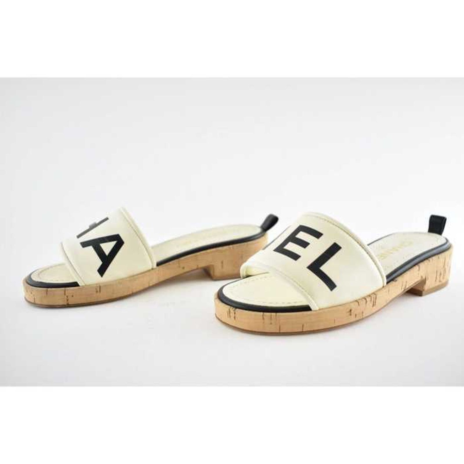Chanel Chanel 19S Ivory Black Letter CC Logo Cork Mules Slide Size US 5 / IT 35 - 9 Thumbnail