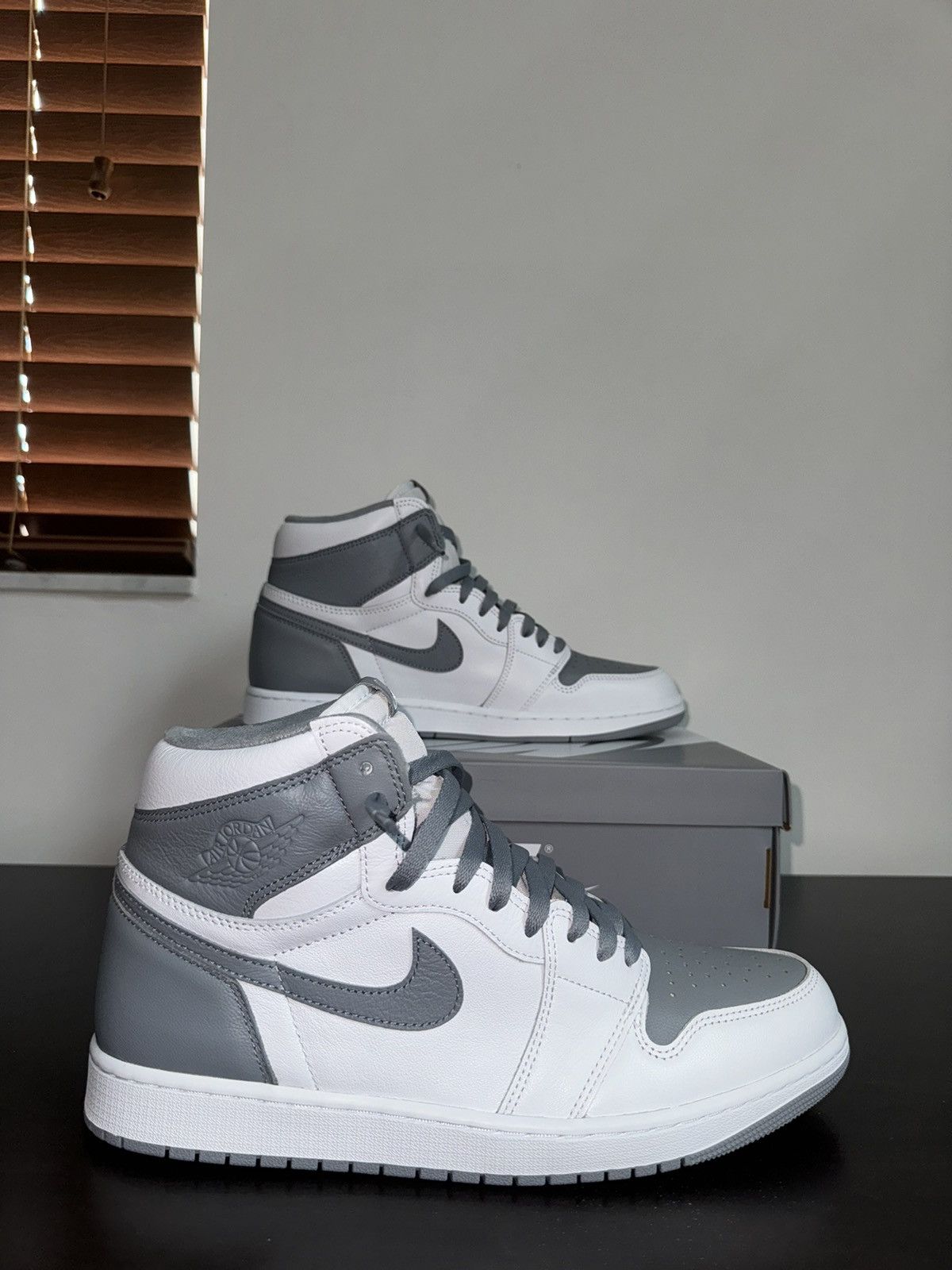 image of Jordan Nike Jordan 1 Retro High OG Stealth Shoes in Grey/White, Men's (Size 12)