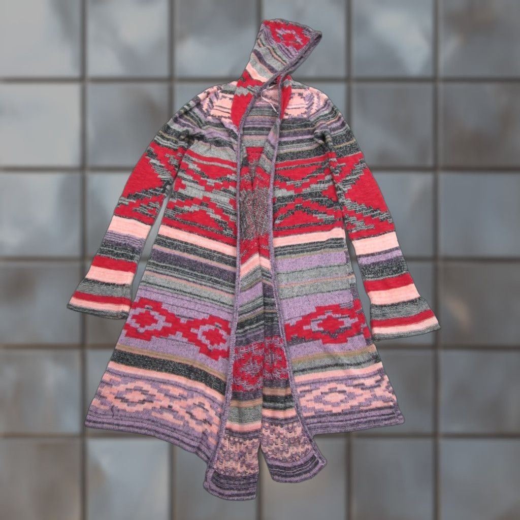 Bell VINTAGE Mudd Cardigan Sweater Juniors XS y2k 2000s Hooded Bell Sleeve Aztec Boho Tribal Size XS / US 0-2 / IT 36-38 - 1 Thumbnail