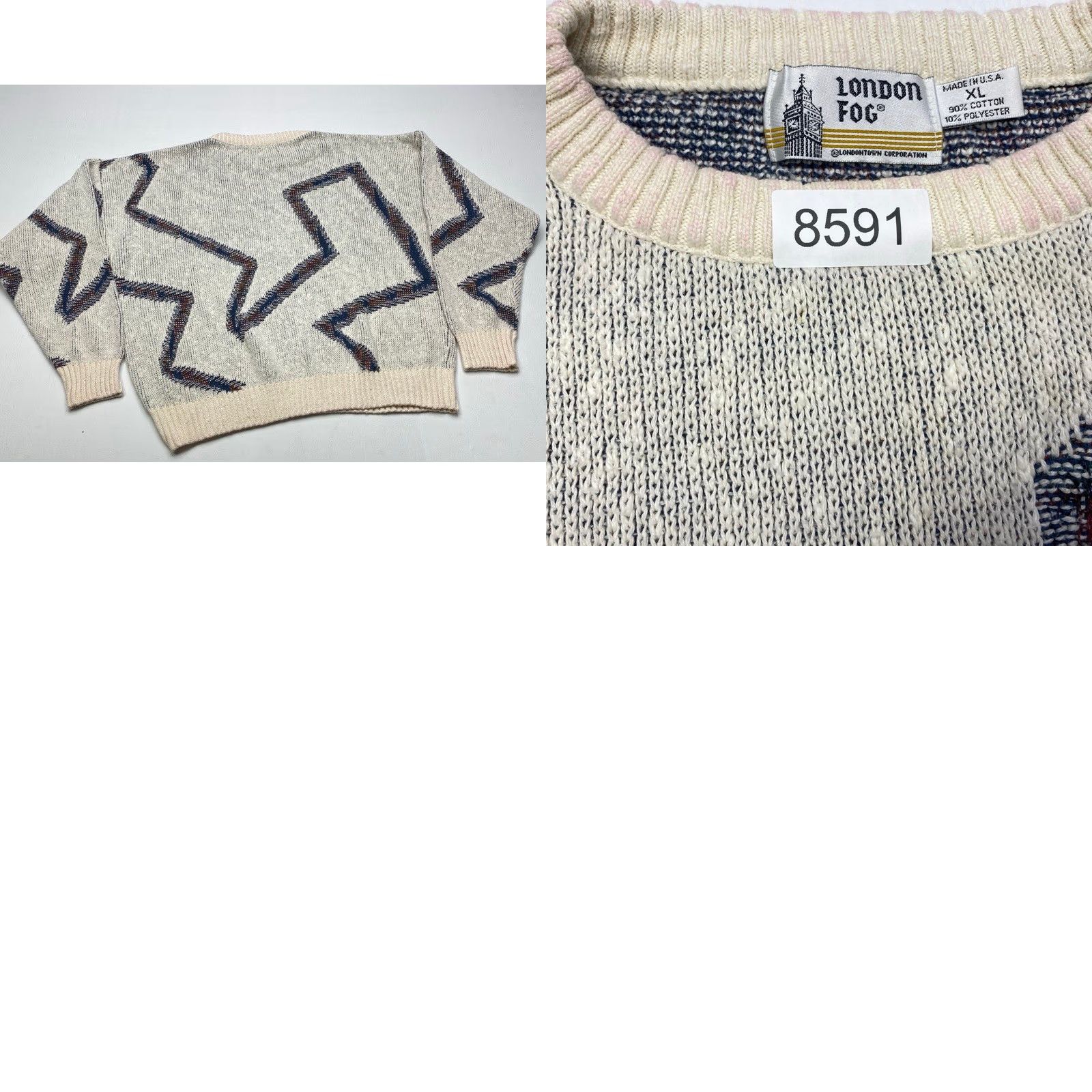 VINTAGE London Fog Sweater Mens XL Geometric Knit Pullover Crew Neck Multicolor 90s London Big Ben Ribbed Hem Cuffs USA Made Mens