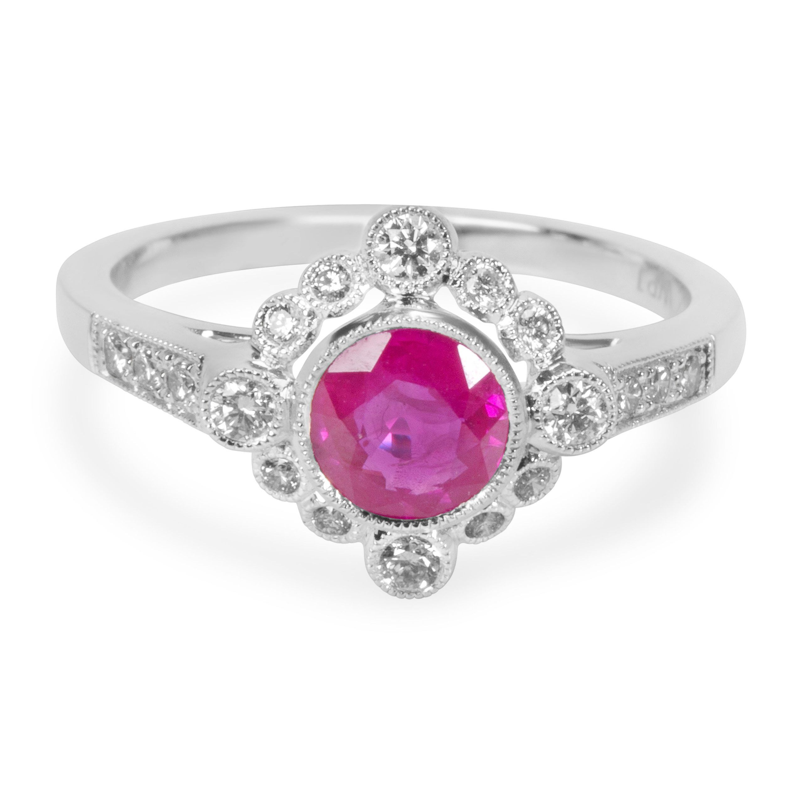 image of Tiffany Co Diamond And Ruby Vintage Ring In 18K White Gold (0.24 Ctw), Women's