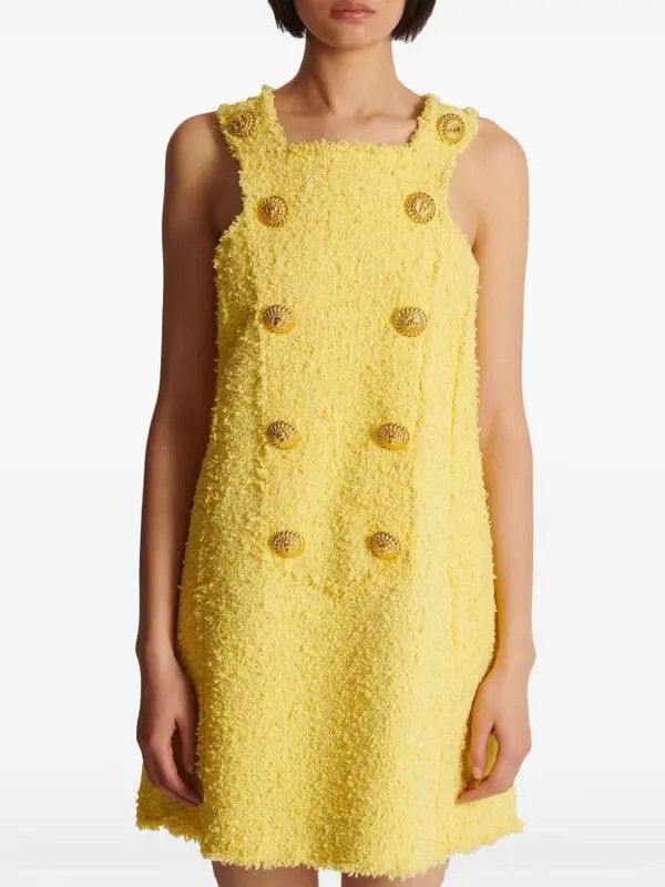 Balmain o1s1wg110825 Button Embellished Tweed Mini Dress in Yellow Size M / US 6-8 / IT 42-44 - 5 Thumbnail