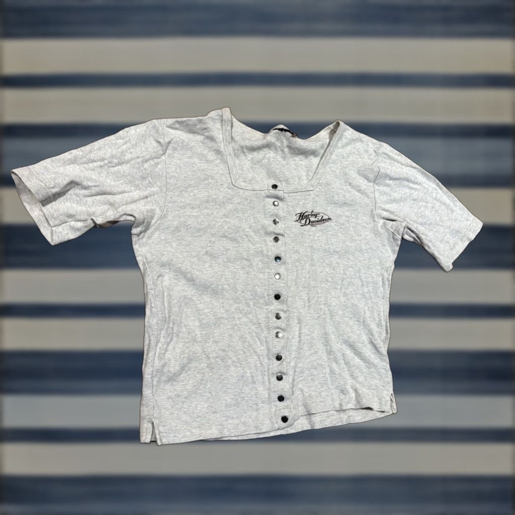 Harley Davidson VINTAGE Harley-Davidson Button-Down Shirt 3/4 Sleeve Women’s Size M Gray Cotton Polyester 2001 Motor Cycle Biker 90s Women's Crew Neck Casual Size M / US 6-8 / IT 42-44 - 1 Thumbnail