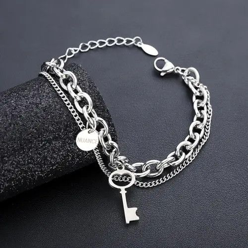 Jewelry Silver Double Chain Key Charm Bracelet, Layered Bracelet Size ONE SIZE - 3 Thumbnail