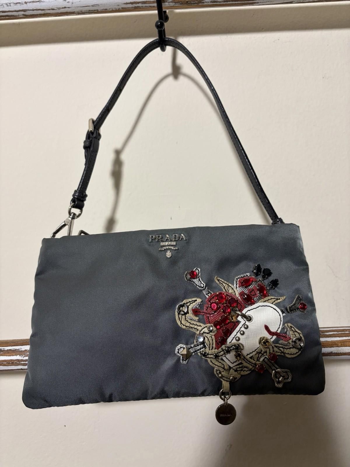 Prada Prada Tessuto Gray Nylon Tattoo Heart Gem Stud Shoulder Bag Size ONE SIZE - 1 Thumbnail