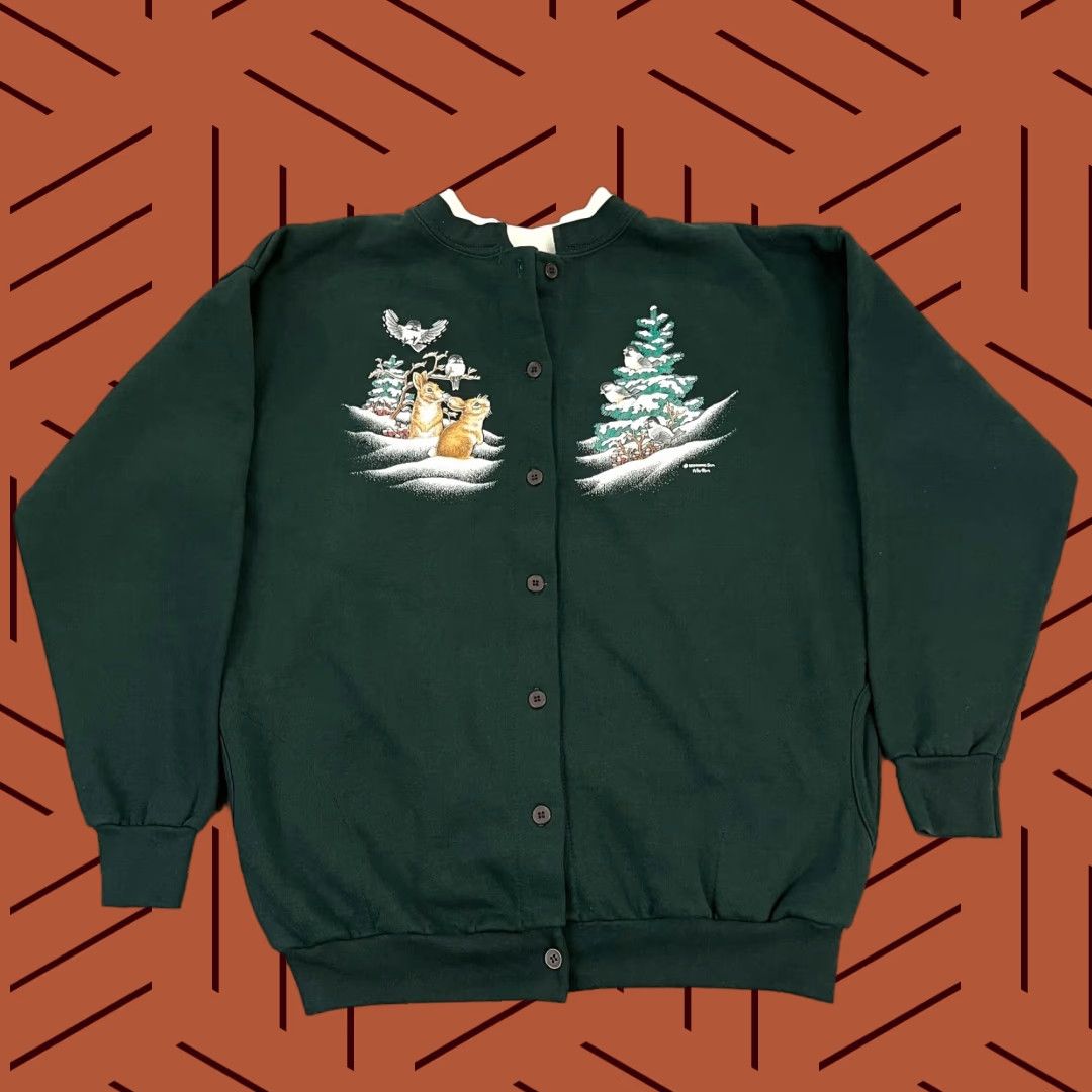 Vintage VINTAGE Morning Sun Cardigan Sweater Women's Large Green Christmas Tree Rabbit Bird Nature Knit Crew Neck Long Sleeve 90s Animals Size L / US 10 / IT 46 - 1 Thumbnail