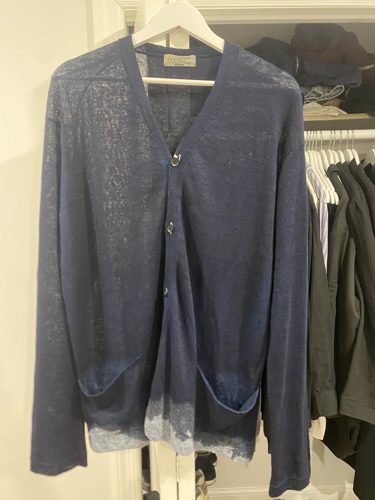 image of Yohji Yamamoto Pour Homme 20Ss Linen Cardigan in Navy, Men's (Size Medium)