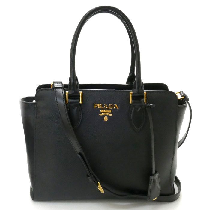 image of Prada Saffiano Leather 2Way Shoulder Bag Black Gold Metal Fittings, Women's