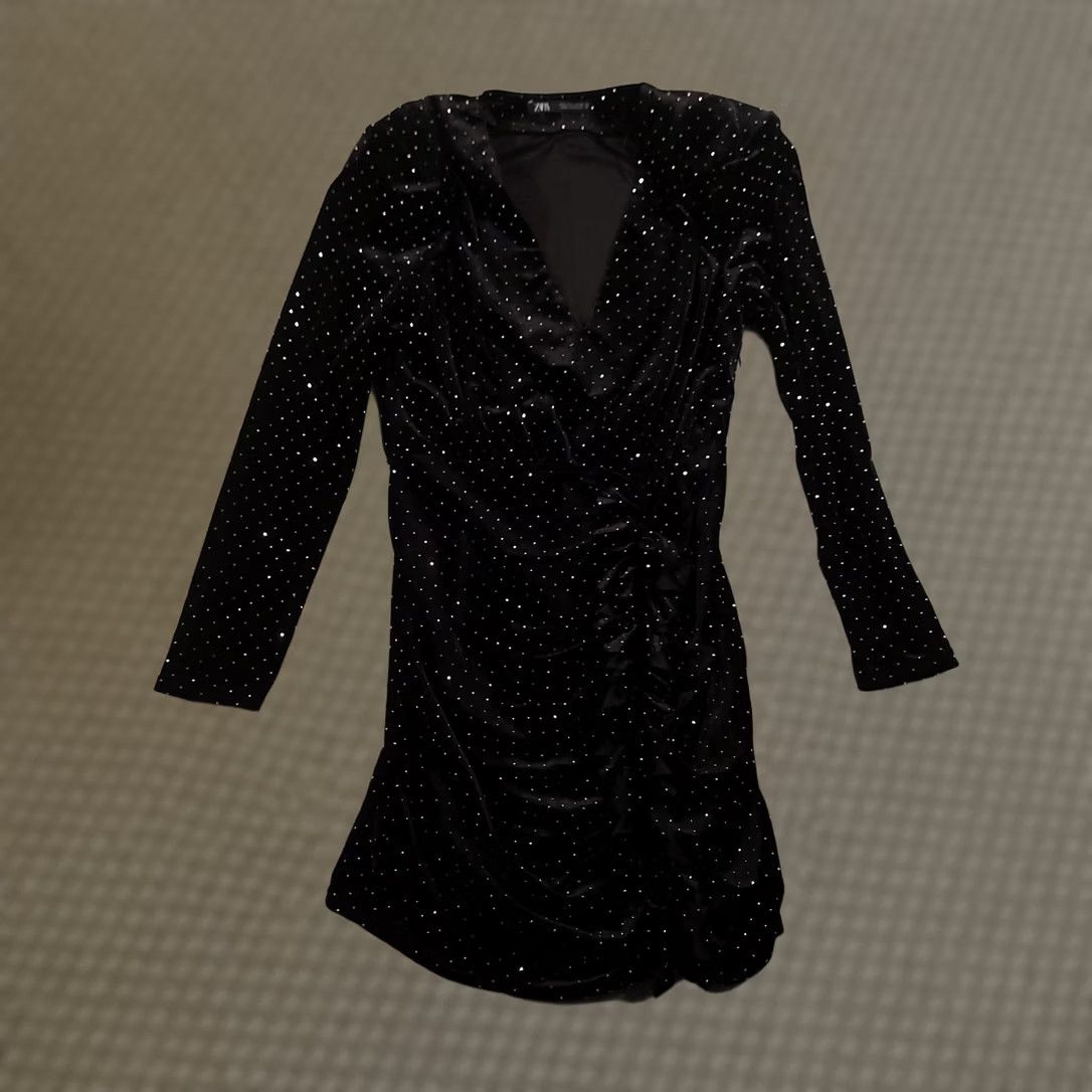 Zara VINTAGE? No. Zara Dress Womens Large Velvet Rhinestone Ruched Long Sleeve Cocktail Party Size L / US 10 / IT 46 - 1 Thumbnail