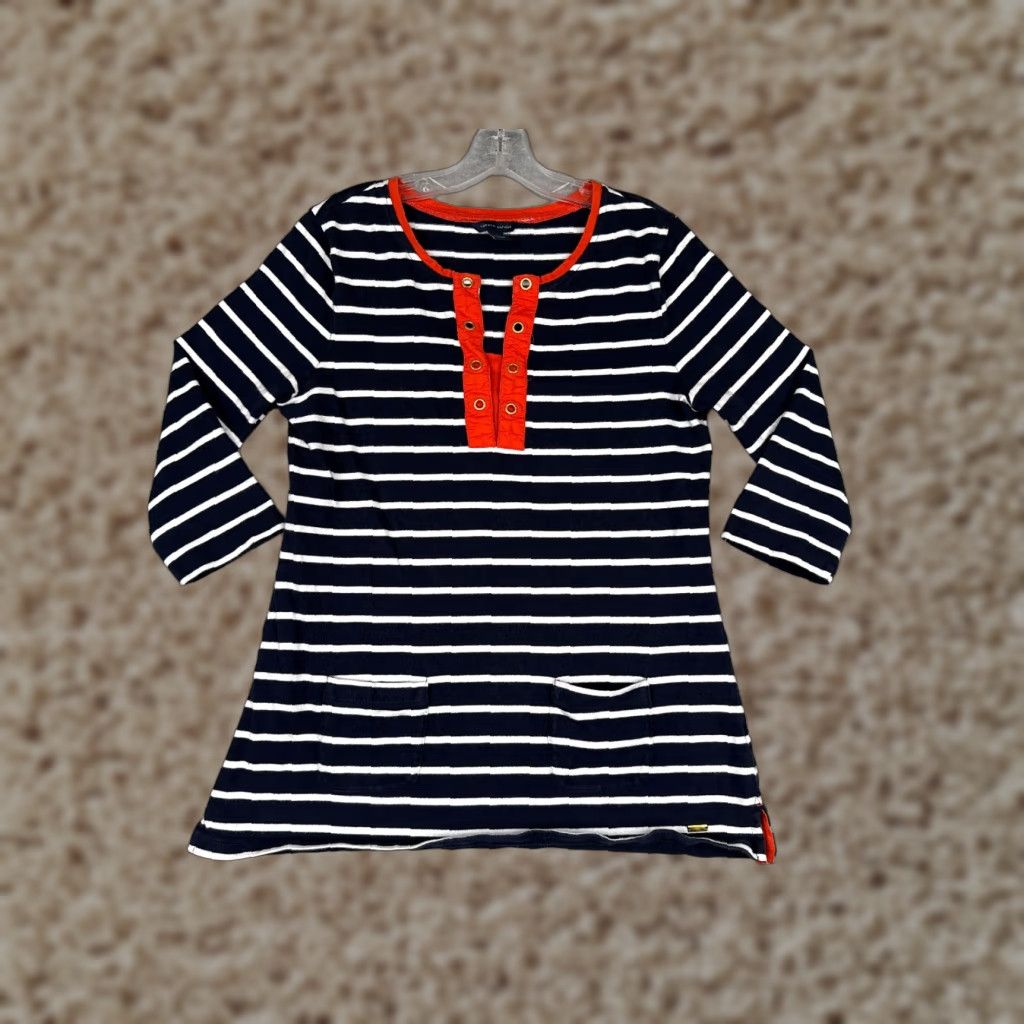 Tommy Hilfiger Tommy Hilfiger Polo Shirt Women M Blue Stripe 3/4 Sleeve Cotton Pocket Read Size M / US 6-8 / IT 42-44 - 1 Thumbnail