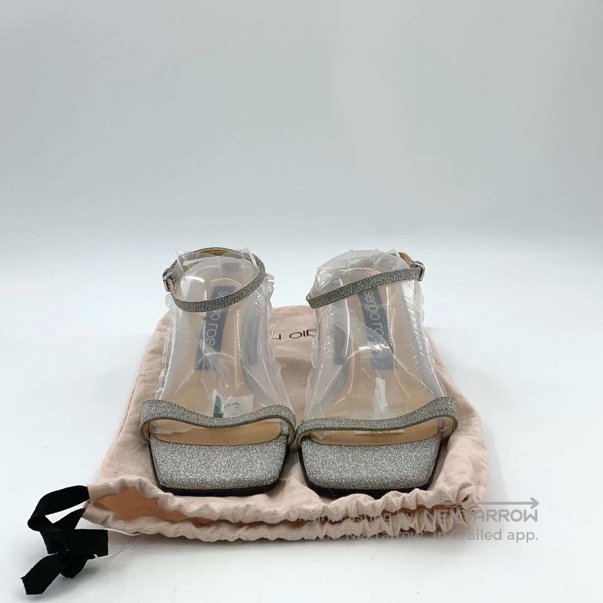 Sergio Rossi Sergio Rossi Silver Square Toe Glitter One-Strap Block Hee Size US 7 / IT 37 - 8 Thumbnail