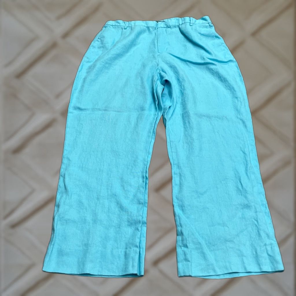 Lauren Ralph Lauren Linen Ankle Crop Pants Women 16W Blue 34x26 Elastic Trousers