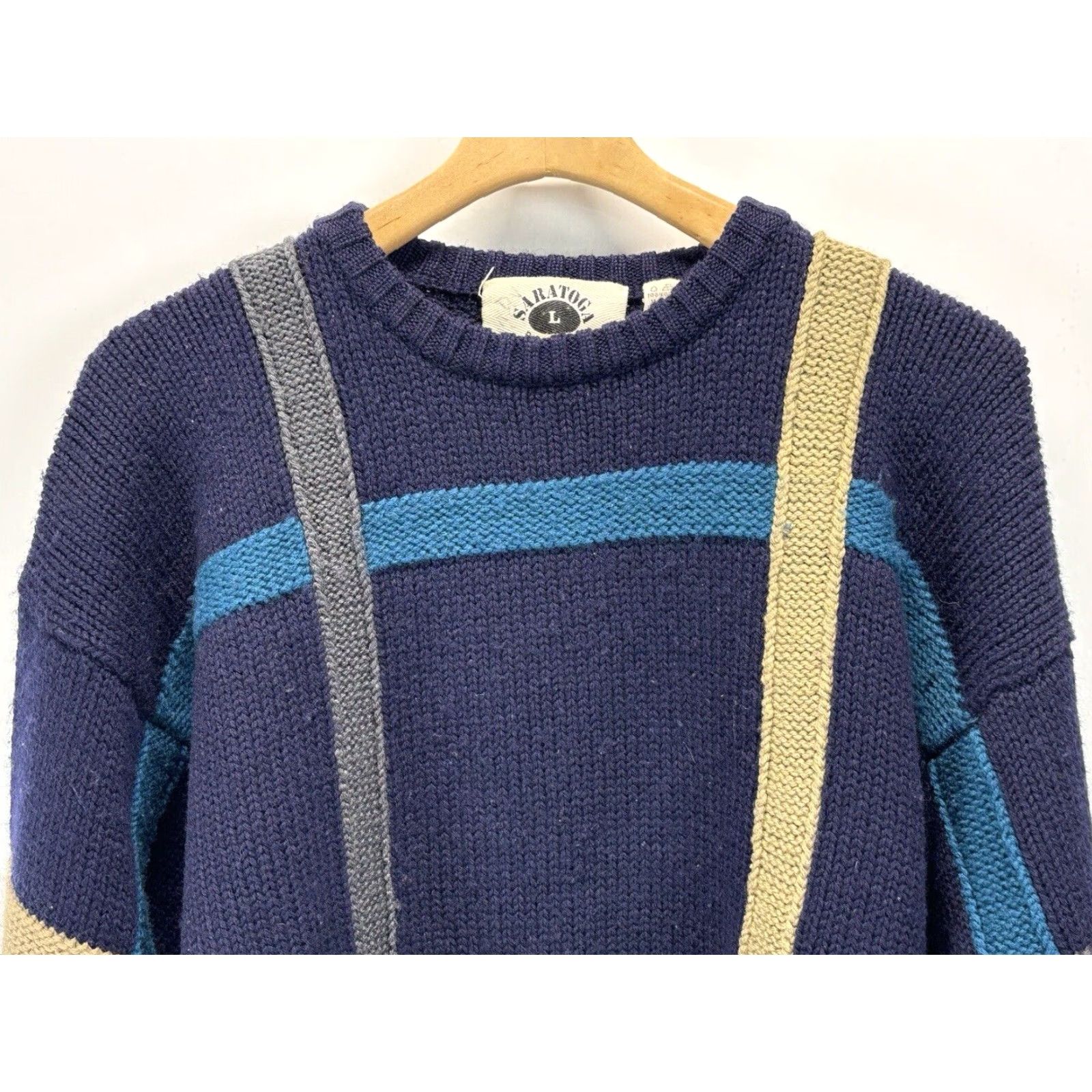 Vintage VINTAGE Saratoga Sweater Crew Neck Geometric Wool Heavyweight Men Large 90s 100% Wool Pullover Mens Blue Size US L / EU 52-54 / 3 - 2 Thumbnail