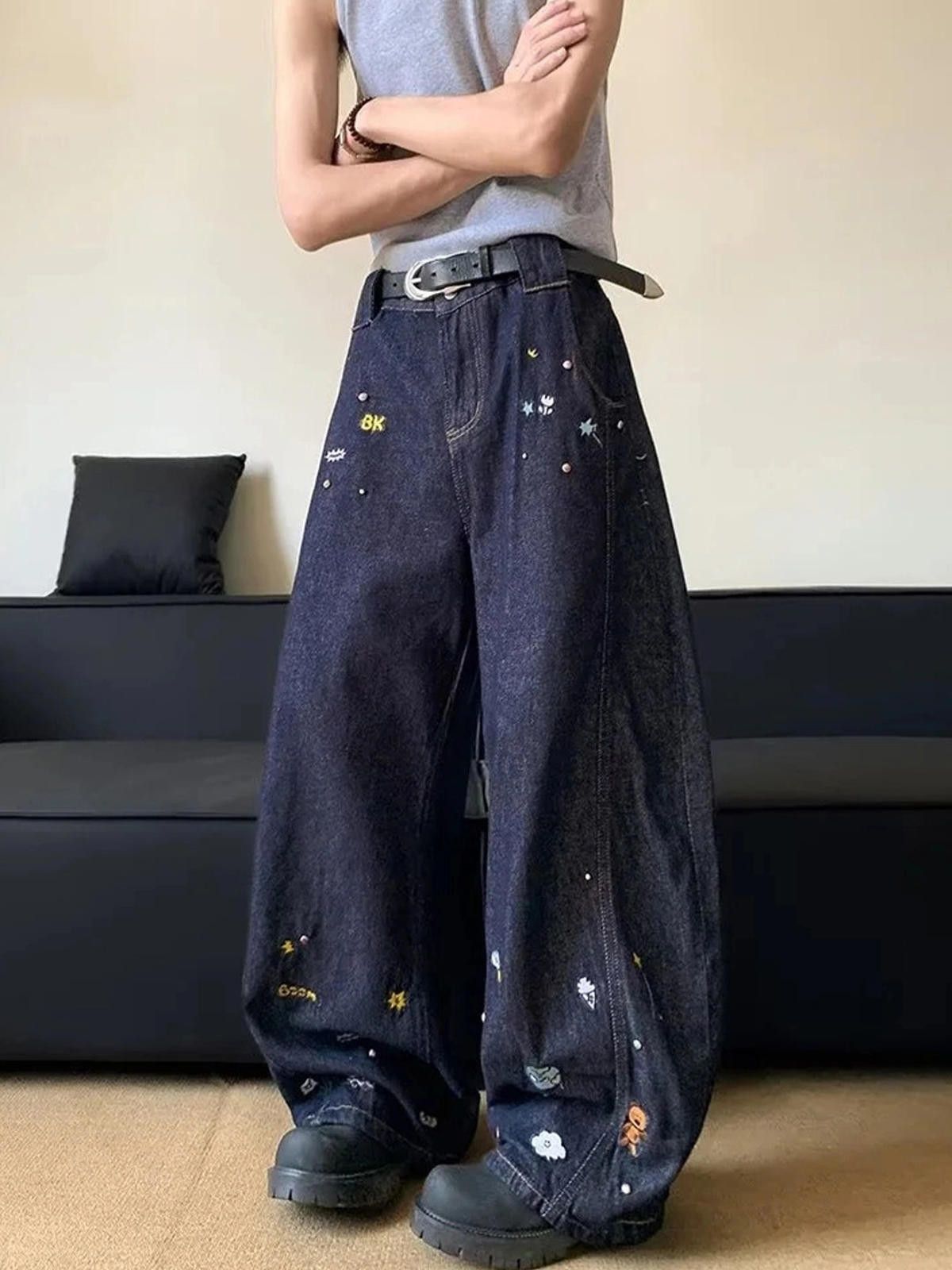 Japanese Brand Dark Paint Splatter Blue Wide Leg Denim Jeans Size US 32 / EU 48 - 3 Thumbnail