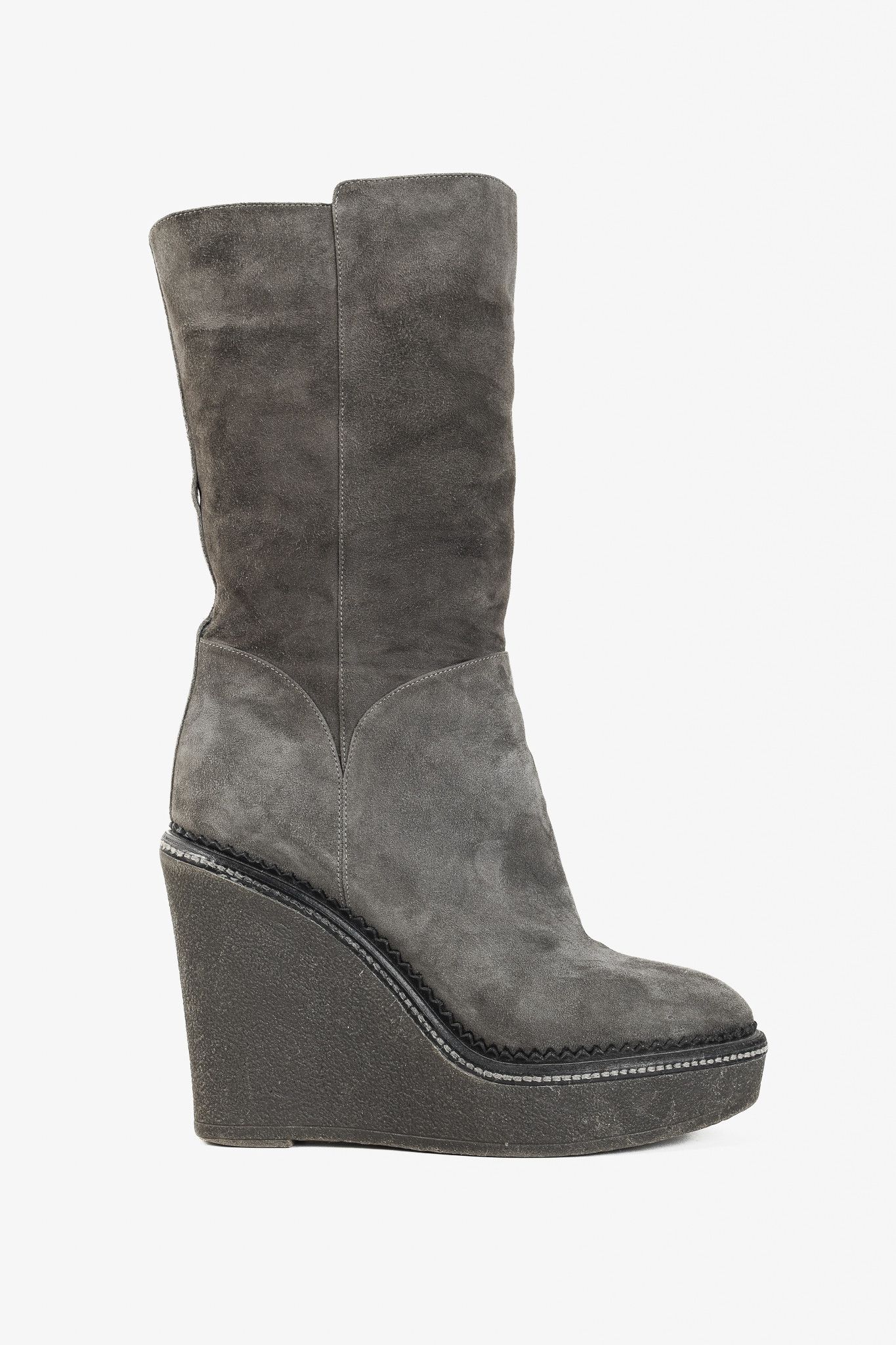 Yves Saint Laurent Grey Suede Shearling Platform Wedge Boot