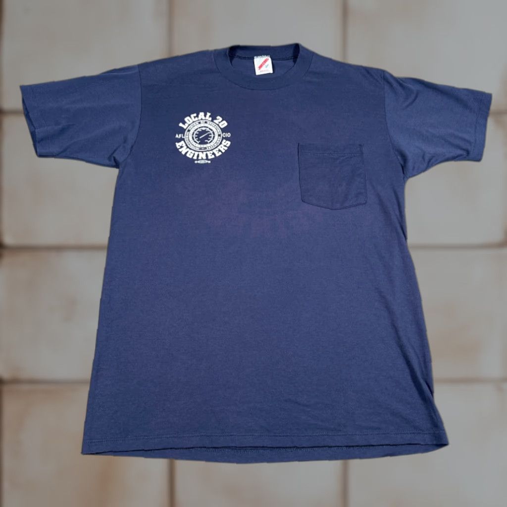 Jerzees VINTAGE Union Shirt Adult LARGE Blue 20.5 Chest 28 Length Logo Local 20 Engineers AFI CIO USA Made 80s Shirt Mens Size US M / EU 48-50 / 2 - 1 Thumbnail