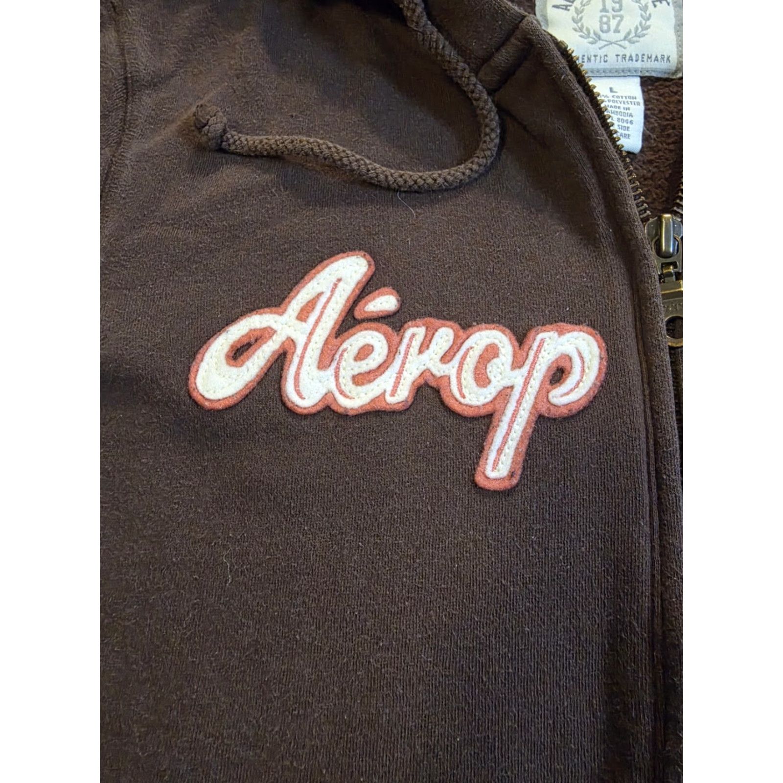 Vintage VINTAGE Aeropostale 1/2 Zip Hoodie Brown Womens Large Embroidered Spellout Logo Pocket Hooded Crew Neck Fleece Cotton Polyester Fall Winter Spring Size L / US 10 / IT 46 - 4 Thumbnail