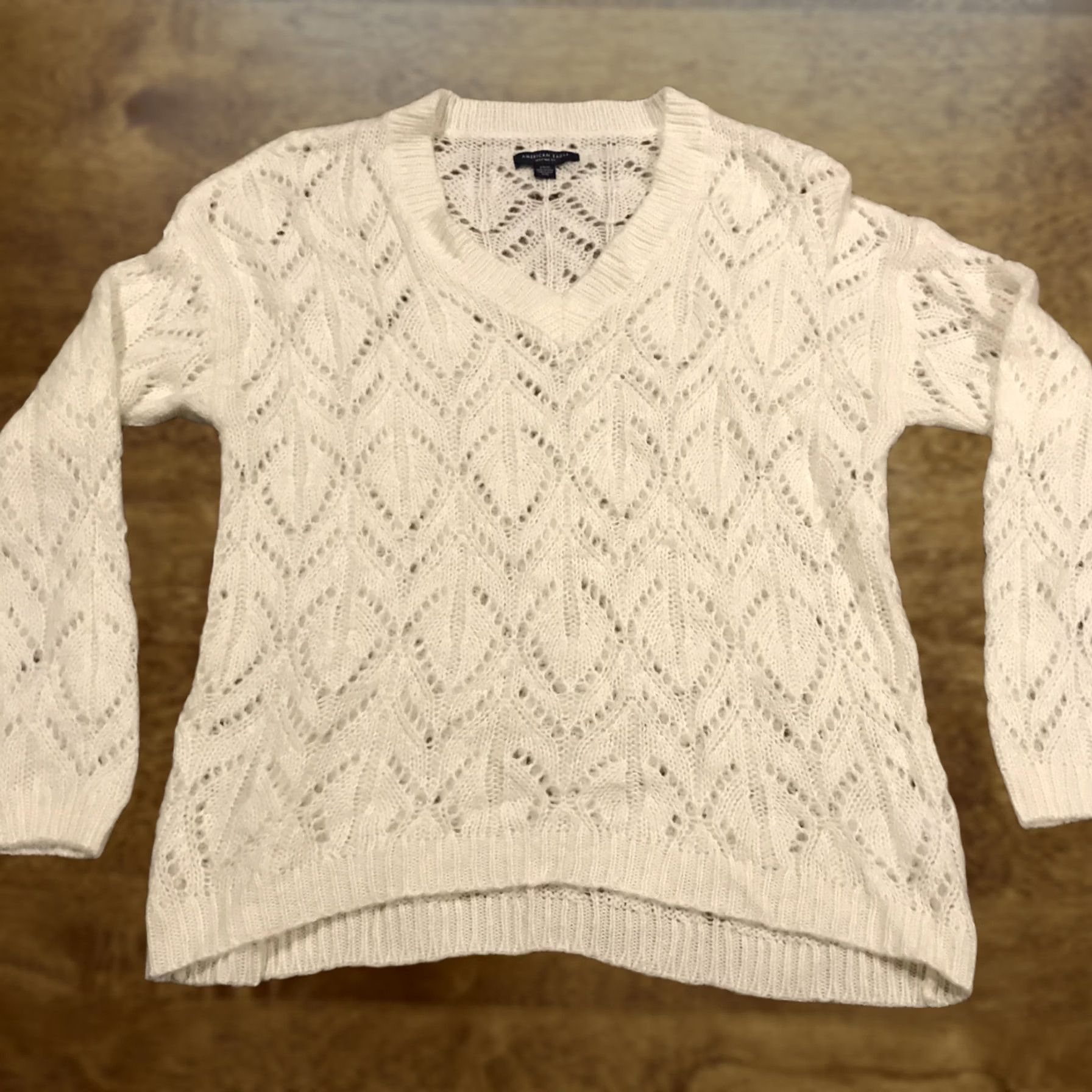 American Eagle Outfitters American Eagle Outfitters Sweater Womens S White Crochet Oversized Bell Sleeve V-Neck Pullover A44 Size S / US 4 / IT 40 - 1 Thumbnail