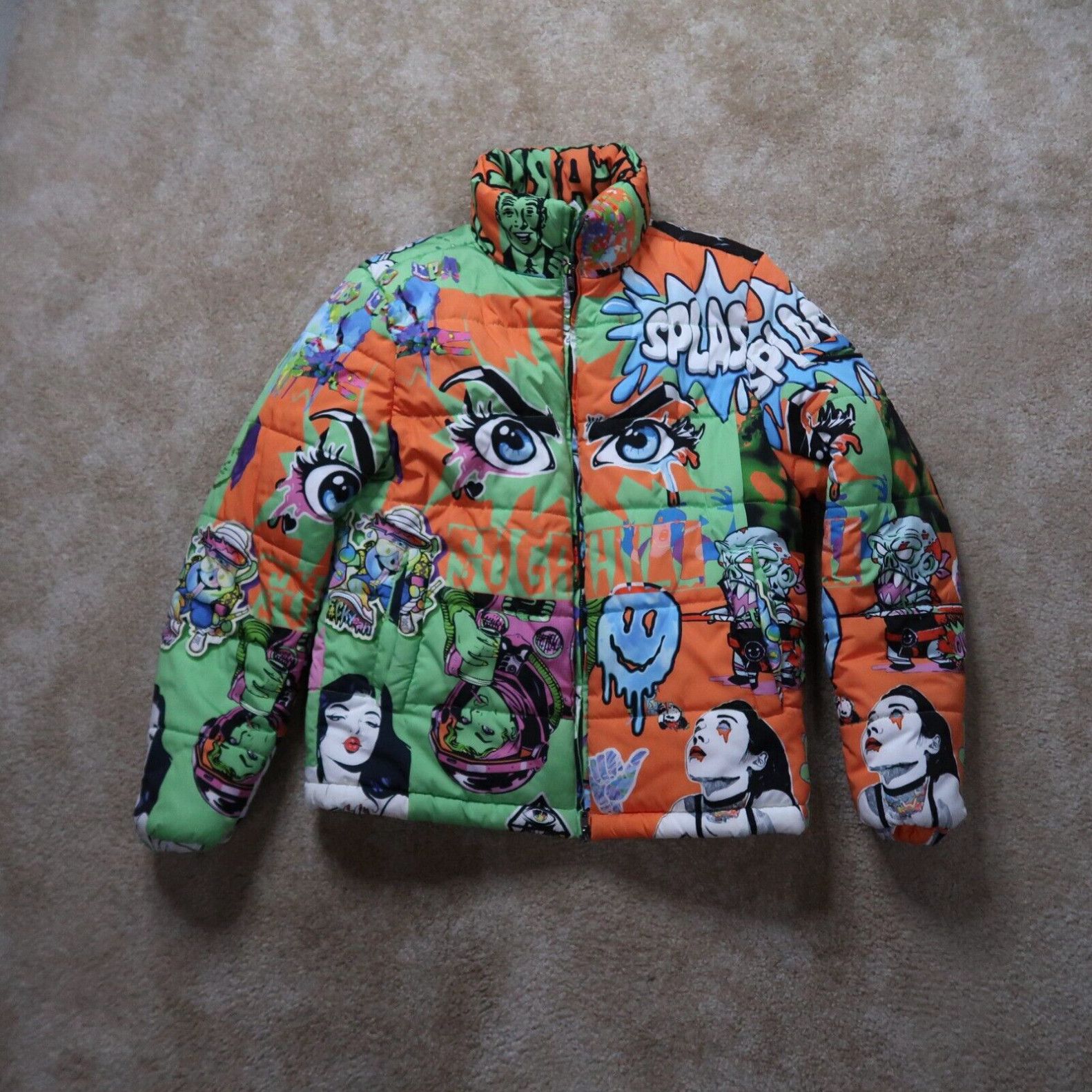 Image of Vintage Sugarhill Puffer Jacket Street Wear Colorful Graffiti Men's Small in White