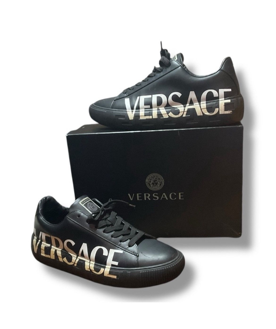 Versace 🔥 VERSACE Black Leather Logo Sneakers Men’s Size 45 12 Box Size US 12 / EU 45 - 1 Thumbnail