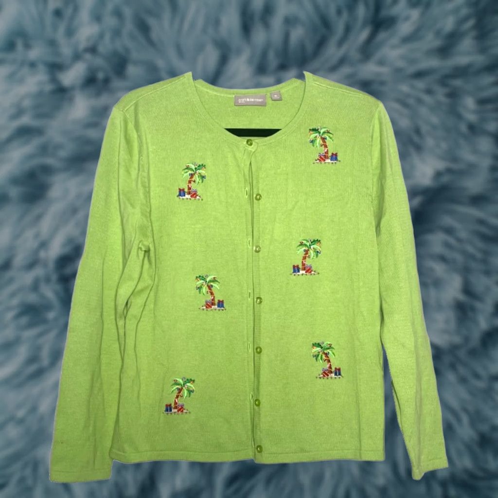 Croft & Barrow Croft & Barrow Christmas Cardigan Women's Large Petite Green Palm Trees Beaded Coastal Holiday Size L / US 10 / IT 46 - 1 Thumbnail