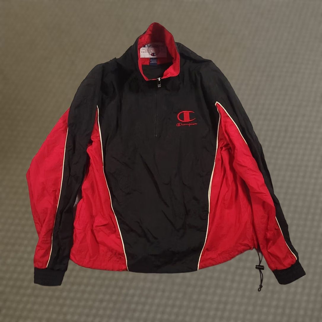 Champion VINTAGE Champion Windbreaker Jacket Men's Large Black Red 1/4 Zip Pullover Windproof Wind-Resistant Size US L / EU 52-54 / 3 - 1 Thumbnail