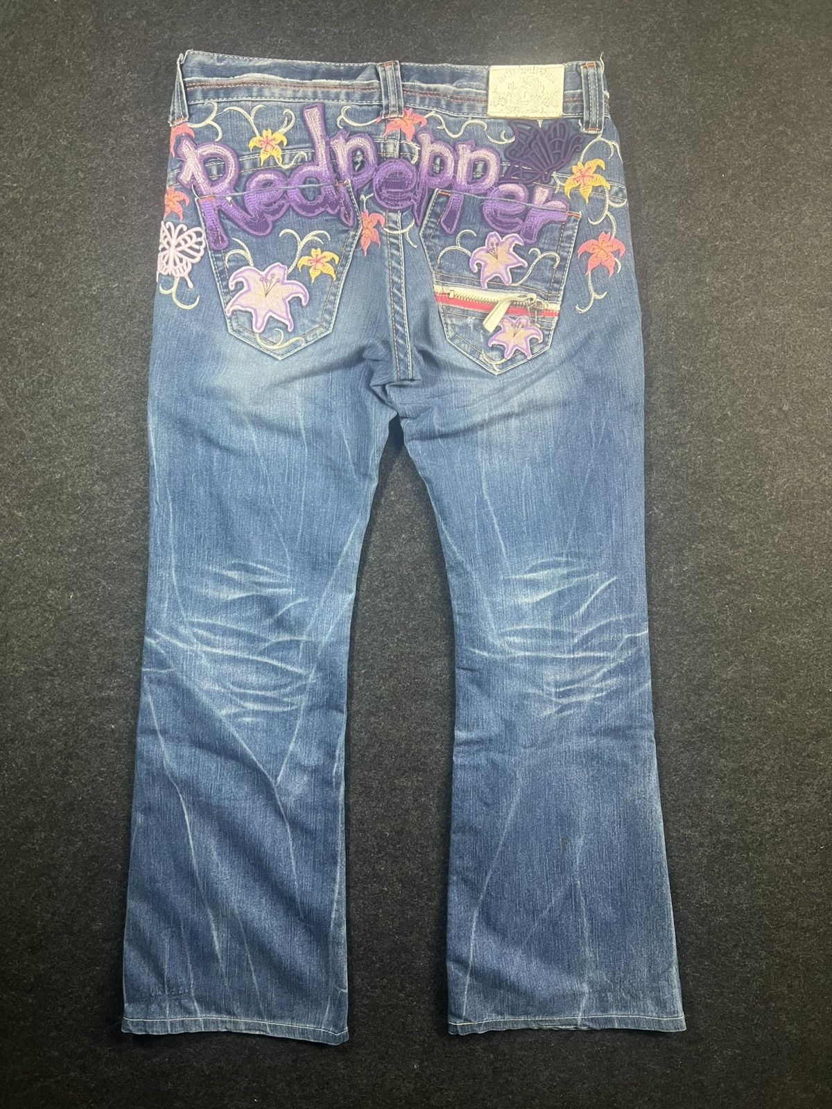 In The Attic RARE 🔥 Red Pepper Flower Embroidery Flare Jeans like LGB Size US 31 - 1 Thumbnail
