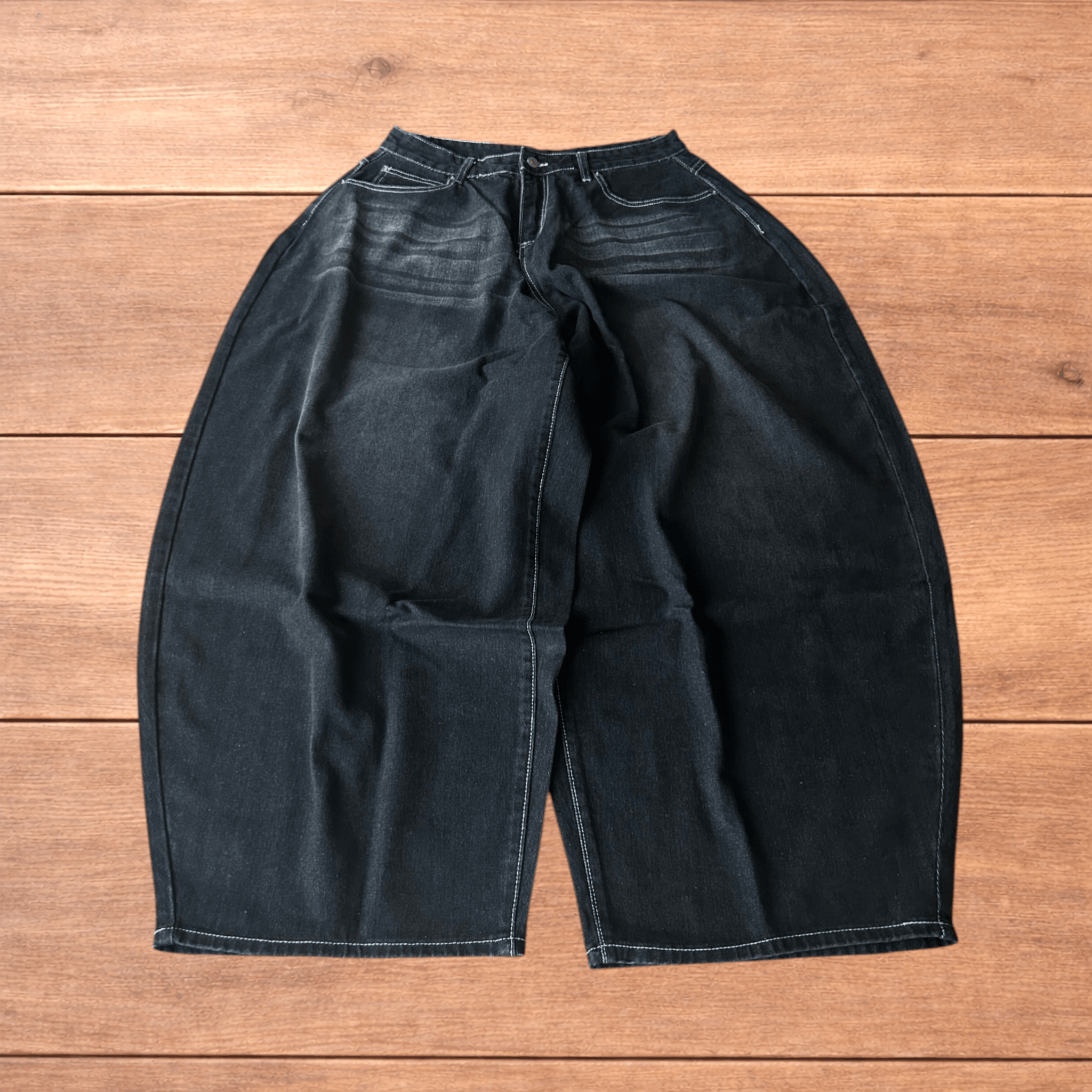 Japanese Brand Super baggy wide leg balloon fit jeans in washed black. Size US 30 / EU 46 - 1 Thumbnail