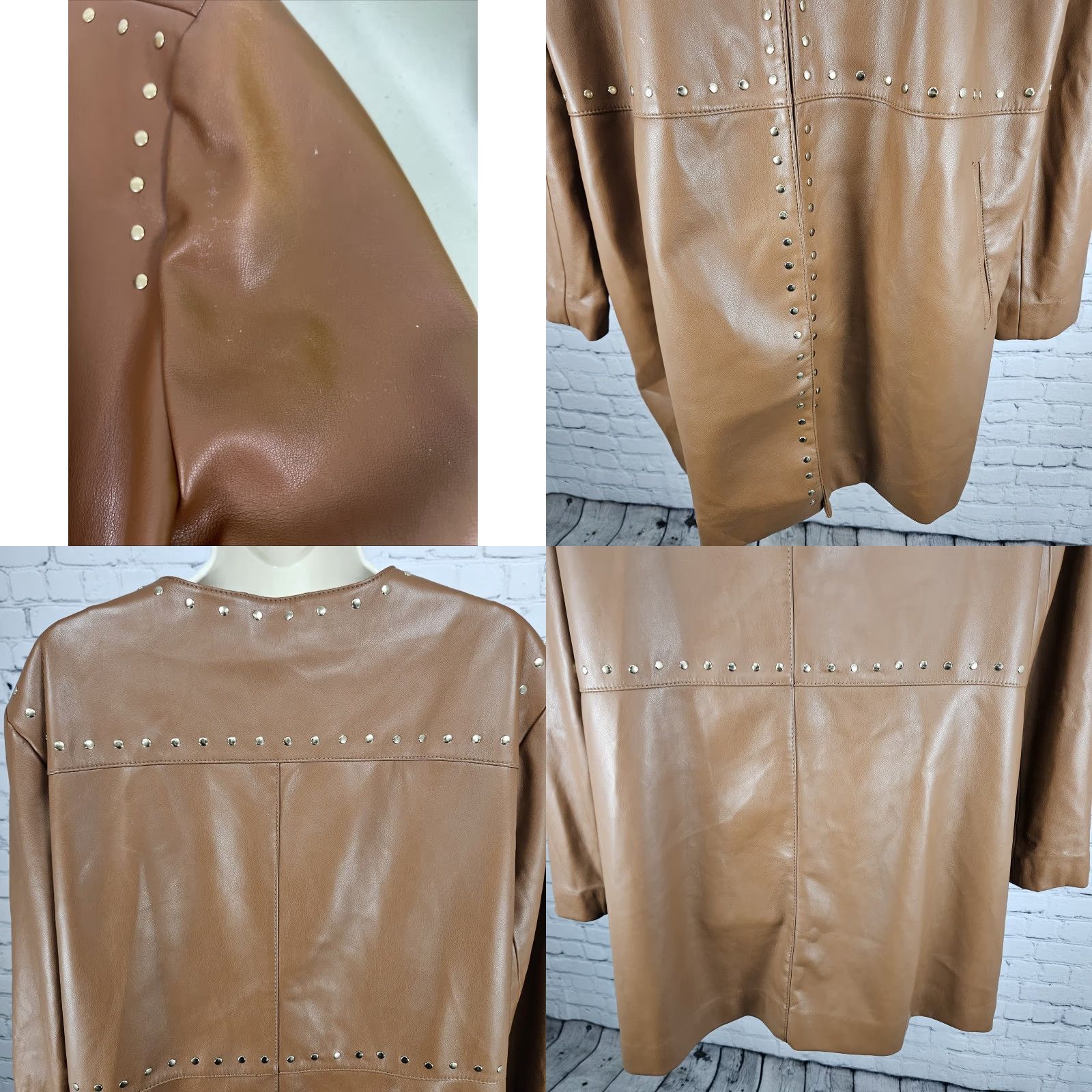 Vintage Chico's Brown Faux Leather Gold Studded Lined Hook & Eye Jacket Coat 4 US 20/22 Size S / US 4 / IT 40 - 8 Thumbnail
