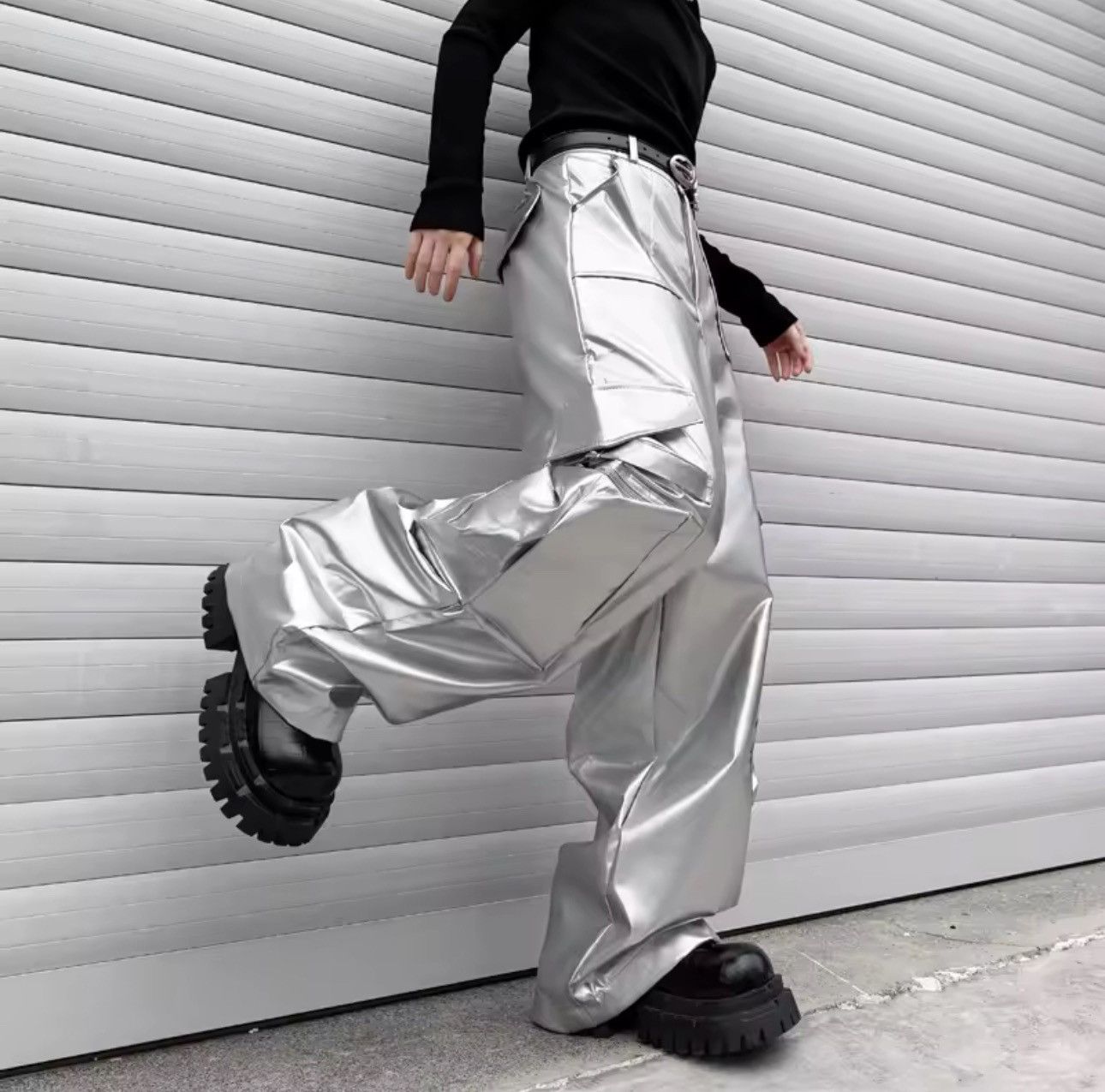 Other Streetwear Silver Loose Leather Hip Hop Pockets Pants Size US 33 - 4 Thumbnail