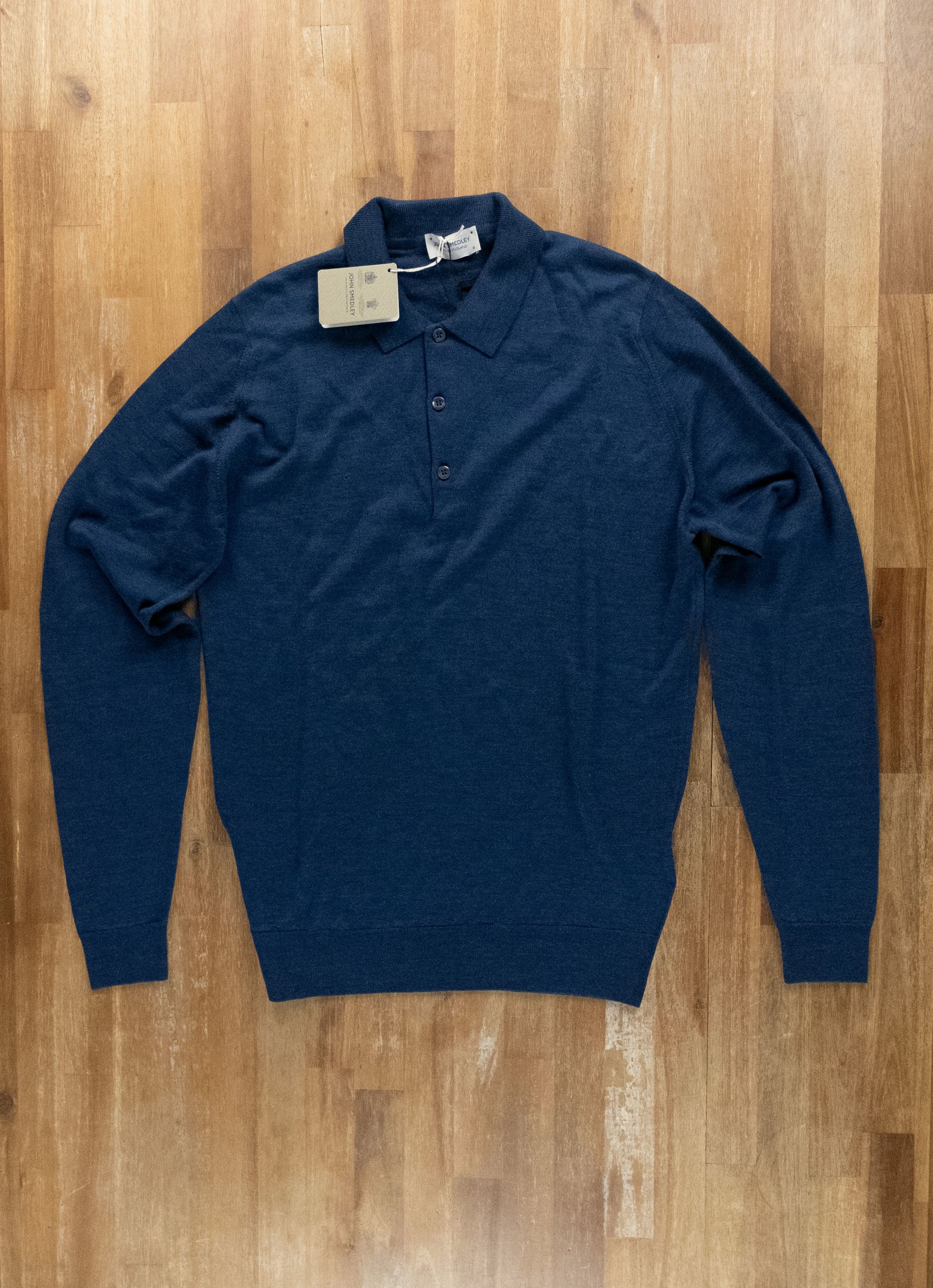 JOHN SMEDLEY solid indigo blue wool polo sweater Medium