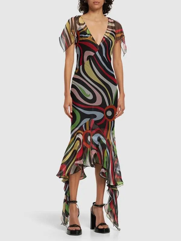 Emilio Pucci o1mle1224 Printed Chiffon Dress in Multicolor Size M / US 6-8 / IT 42-44 - 2 Thumbnail