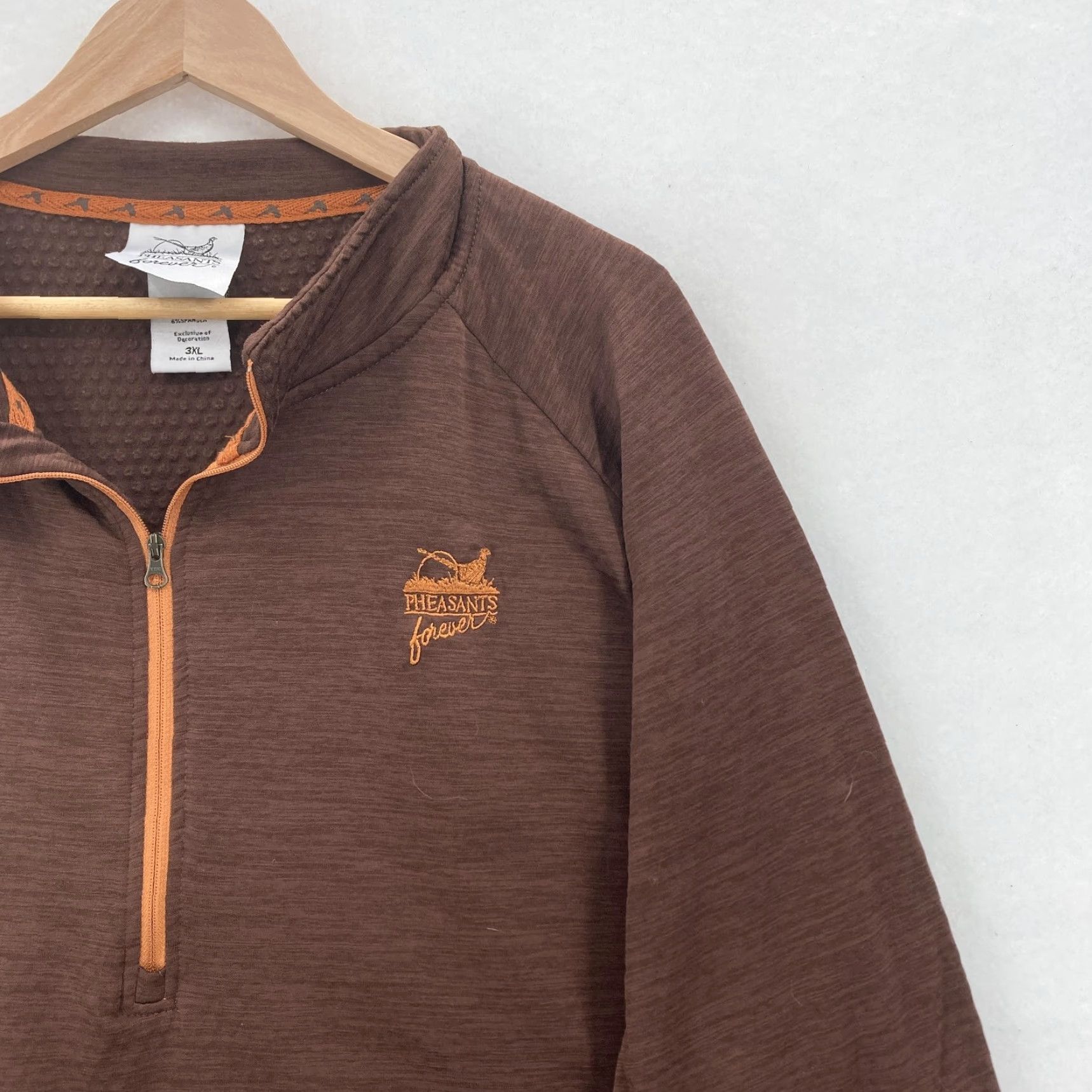 Forever 21 Pheasants Forever Pullover Sweatshirt Mens 3XL Brown Quarter Zip Embroidered Raglan Size US XXL / EU 58 / 5 - 2 Thumbnail