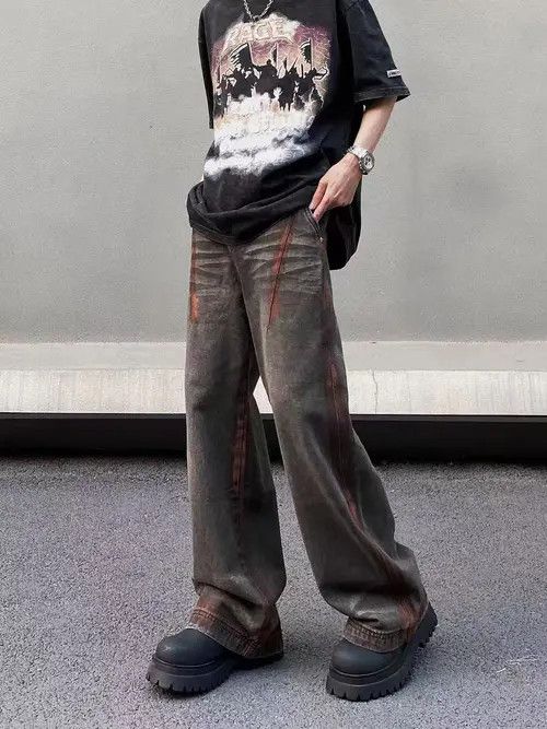VIBE Street hip-hop hand-painted rust-colored loose jeans Size US 34 / EU 50 - 5 Thumbnail