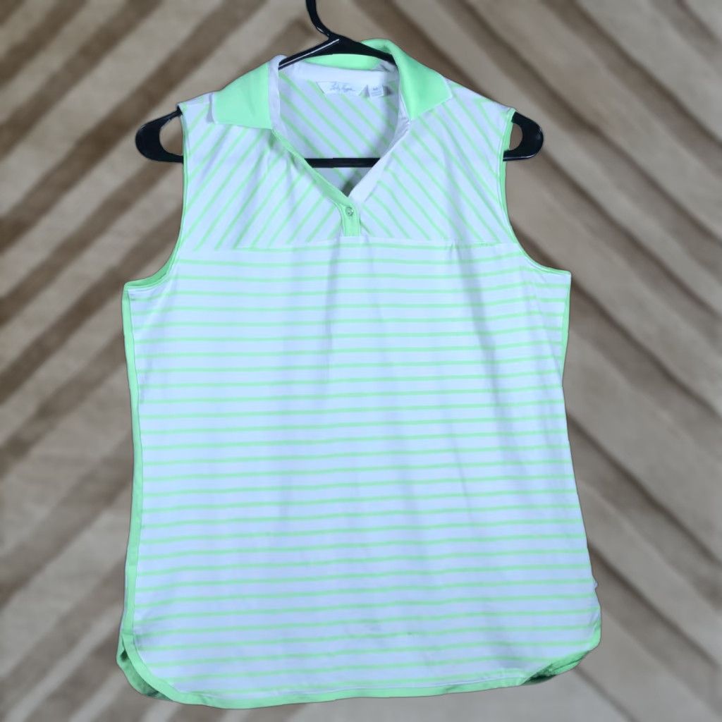Vintage Lady Hagen Shirt Women Polo Sleeveless Striped White Green Golf Athletic Quick Dry Breathable M Size M / US 6-8 / IT 42-44 - 1 Thumbnail