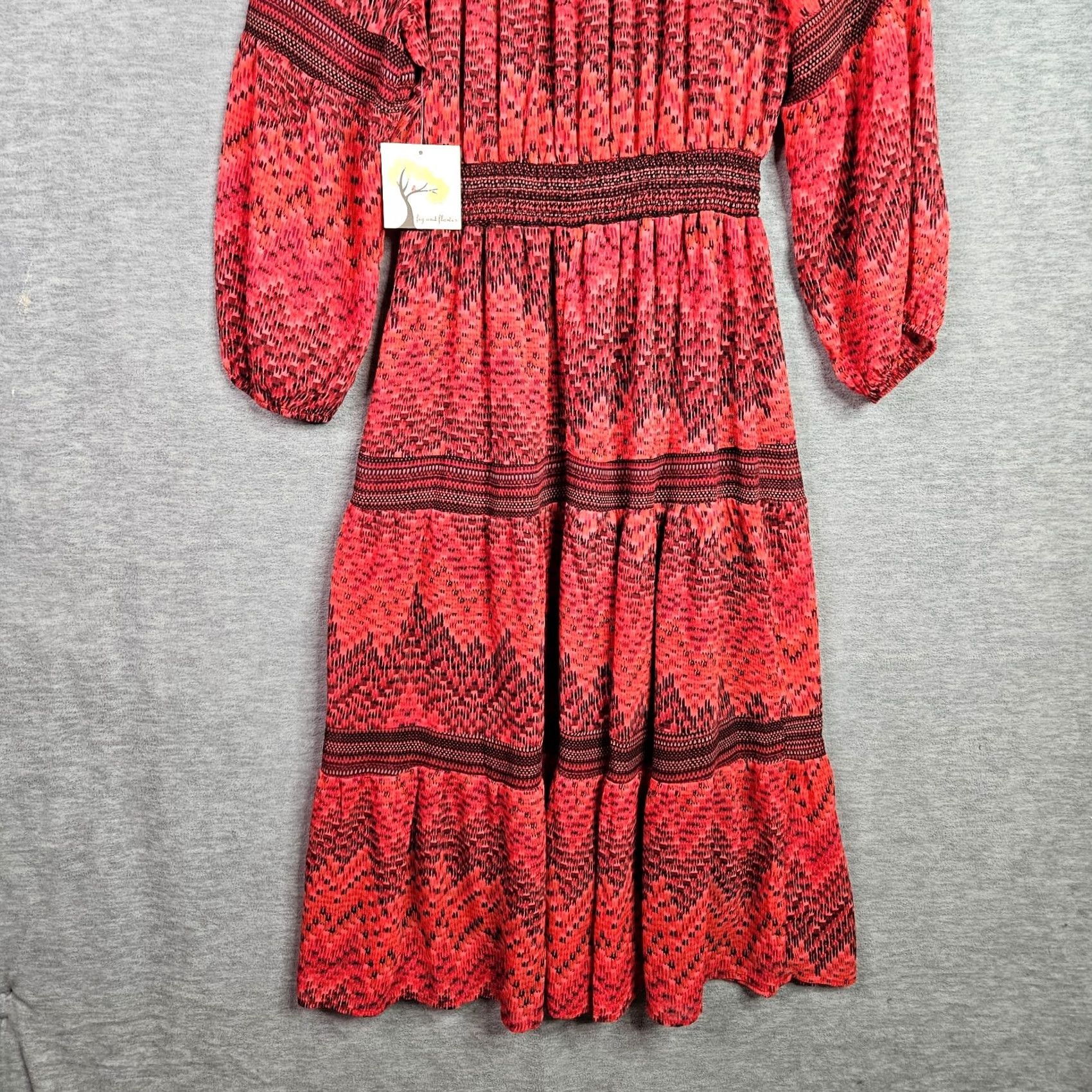 Vintage Fig & Flower Red Boho Midi Dress Long Sleeve Women M New Smocked Waist Dress Midi Bohemian Solid Red Women M New Size M / US 6-8 / IT 42-44 - 4 Thumbnail