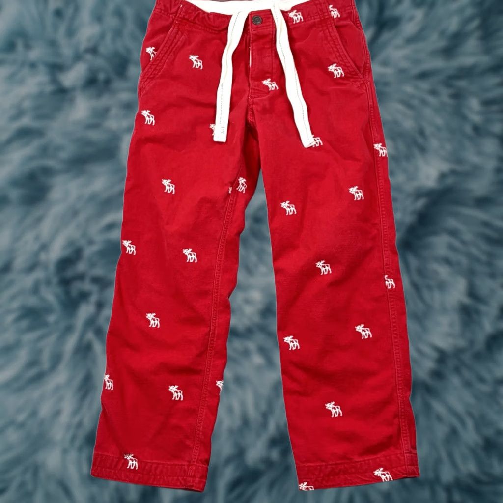Abercrombie & Fitch VINTAGE Abercrombie & Fitch Men's Flannel Pant Moose Embroidered Red Tie Waist 33x29 ANKLE Straight Mens Size US 29 - 1 Thumbnail